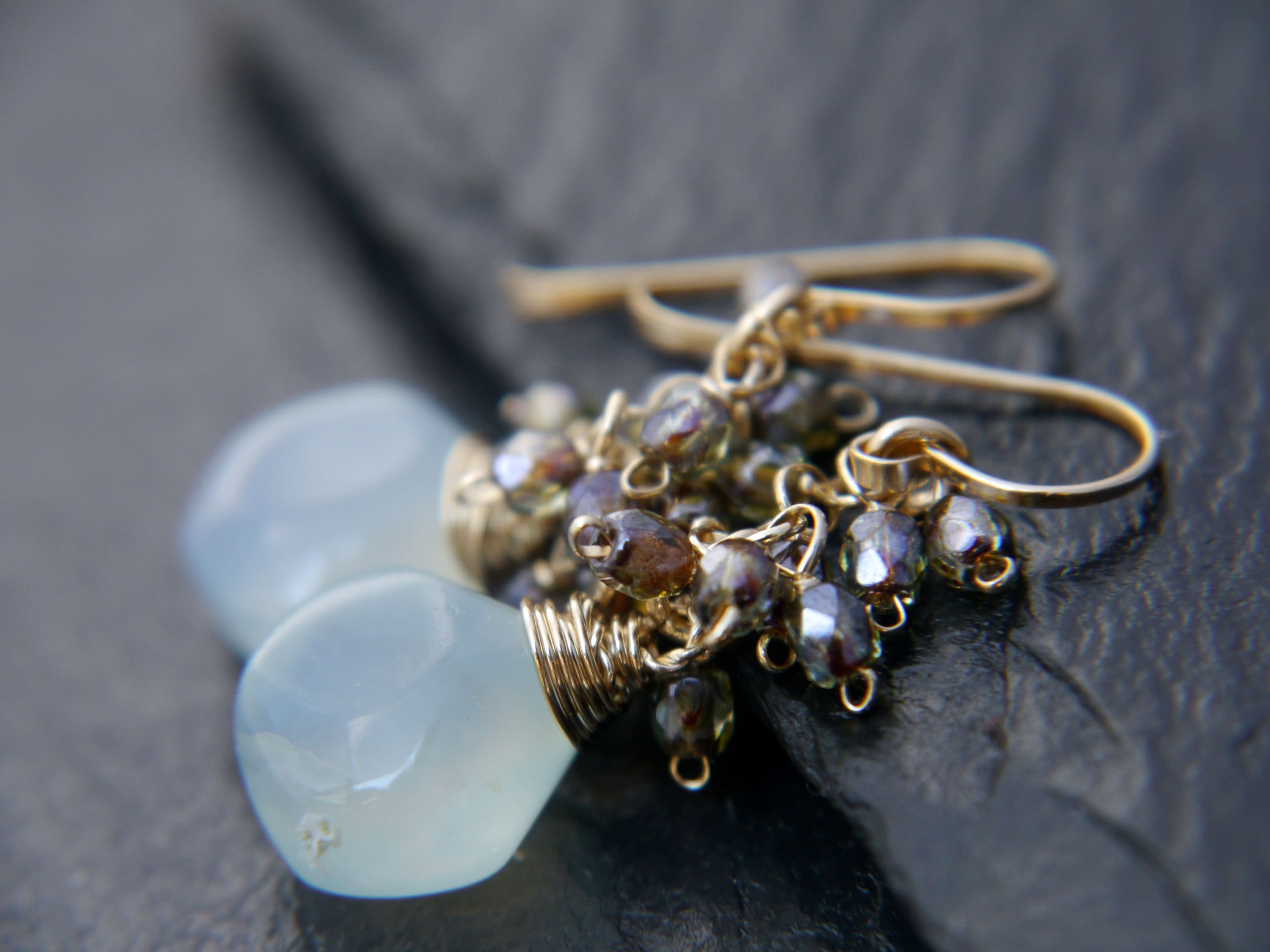 Aqua Chalcedony Cluster Teardrop Gemstone Earrings, 14K Gold Filled Classic Style