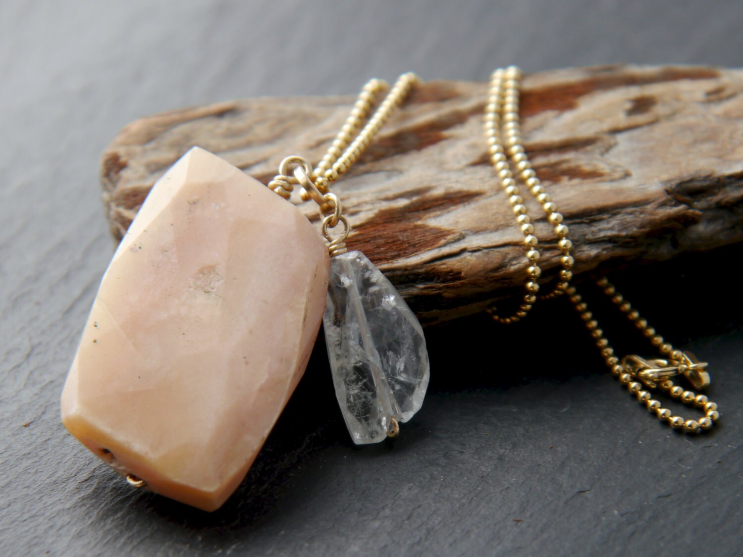 Pink Opal Aquamarine Flower Pendant Gemstone Necklace, 14K Gold Filled, Bridal
