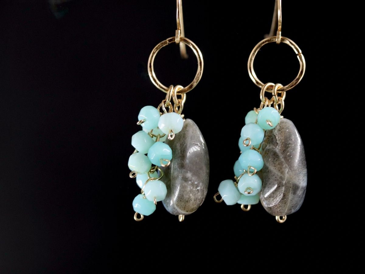 Labradorite Blue Opal Dangle Gemstone Earrings, 14K Gold Filled Celestial Style