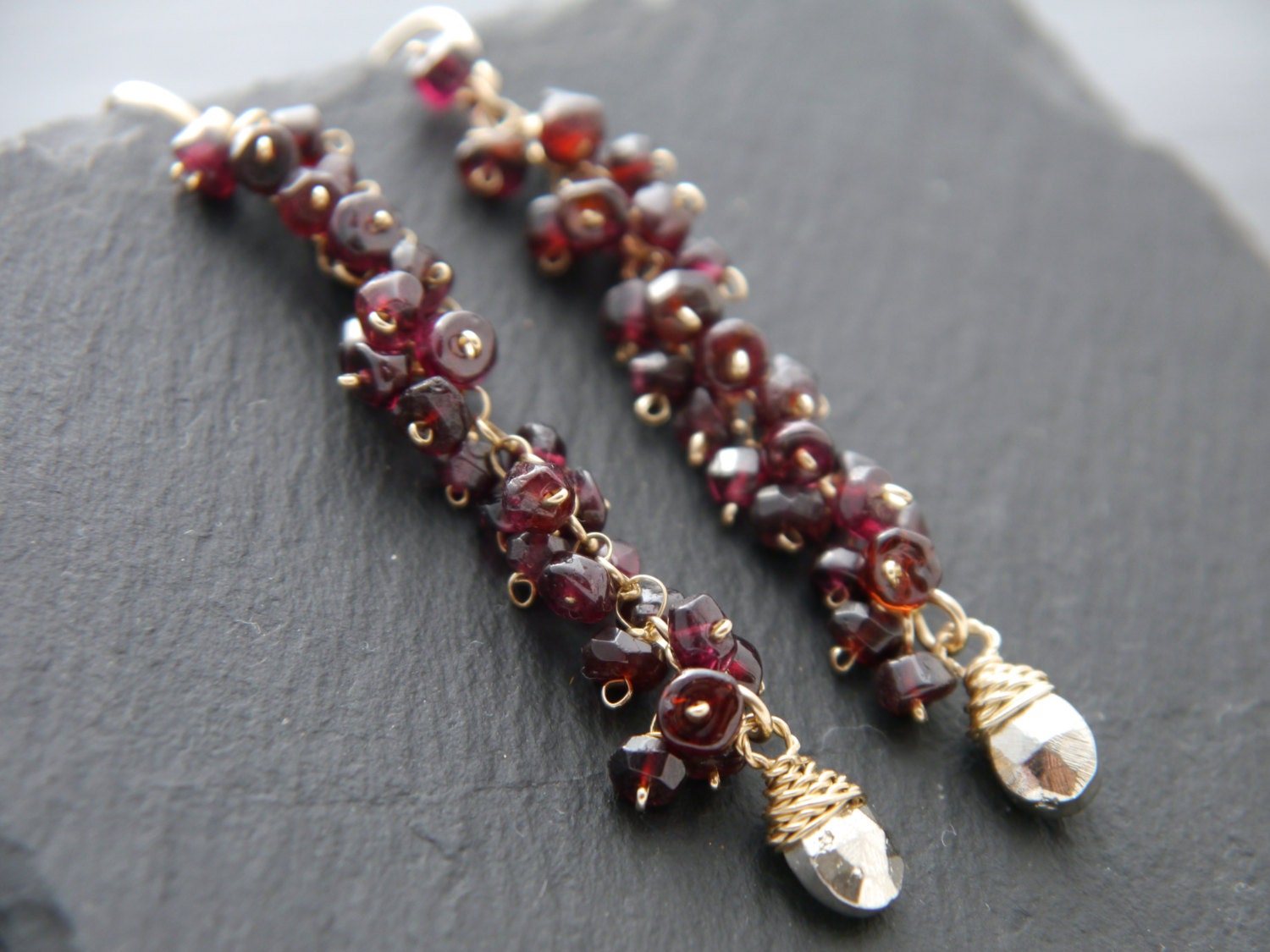 Boho Garnet Pyrite Cluster Long Dangle Gemstone Earrings, 14K Gold Filled Botanicals
