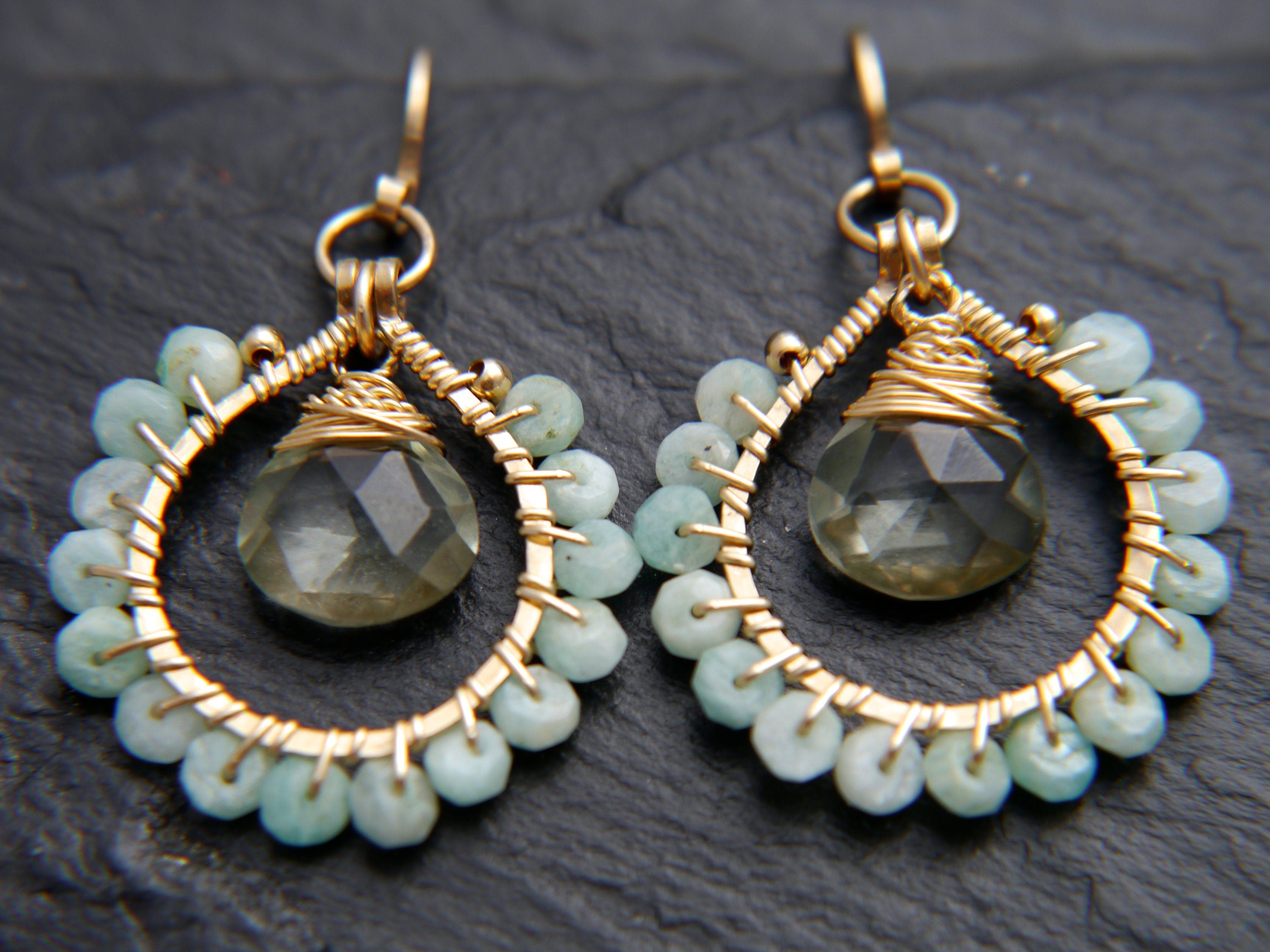 Amazonite Green Amethyst Hoop Earrings, 14K Gold Filled Gemstone Hoops, February Birthstone