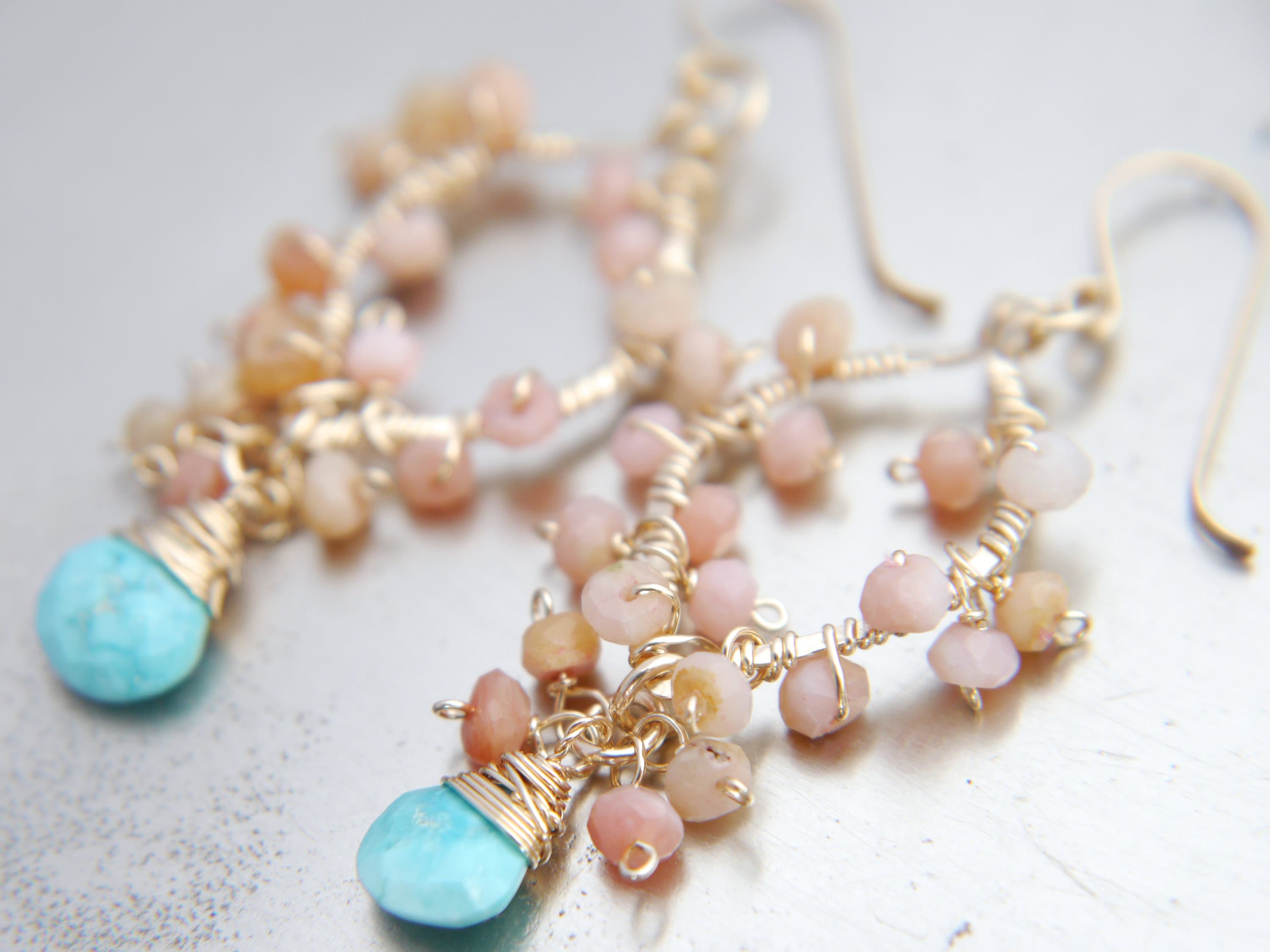 Turquoise Pink Opal Floral Gemstone Earrings, 14K Gold Filled Garden Wedding