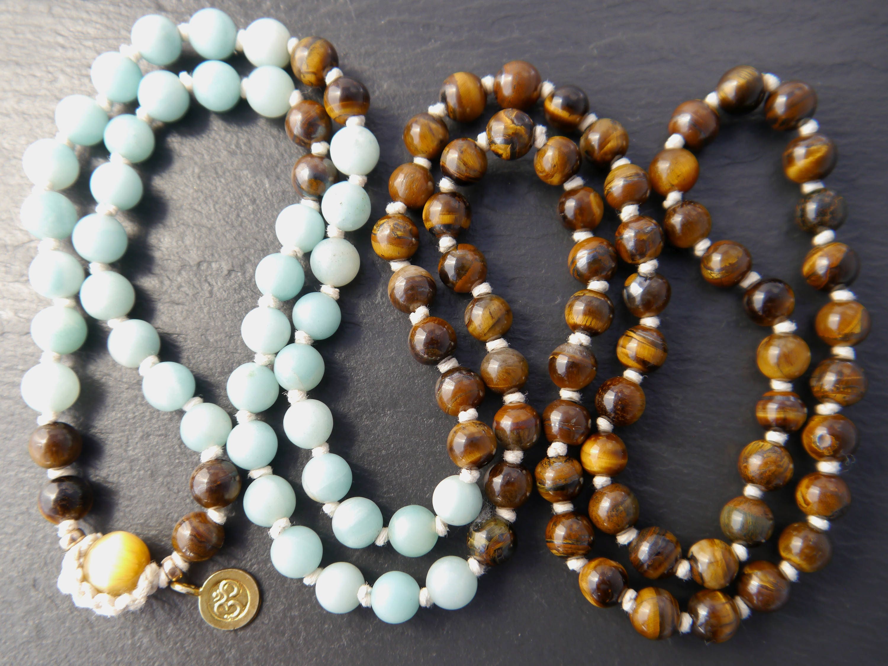 Brown Tiger’s Eye Blue Amazonite Mala Beads, 108 Gemstone Beads, Wrap, Hand Knotted
