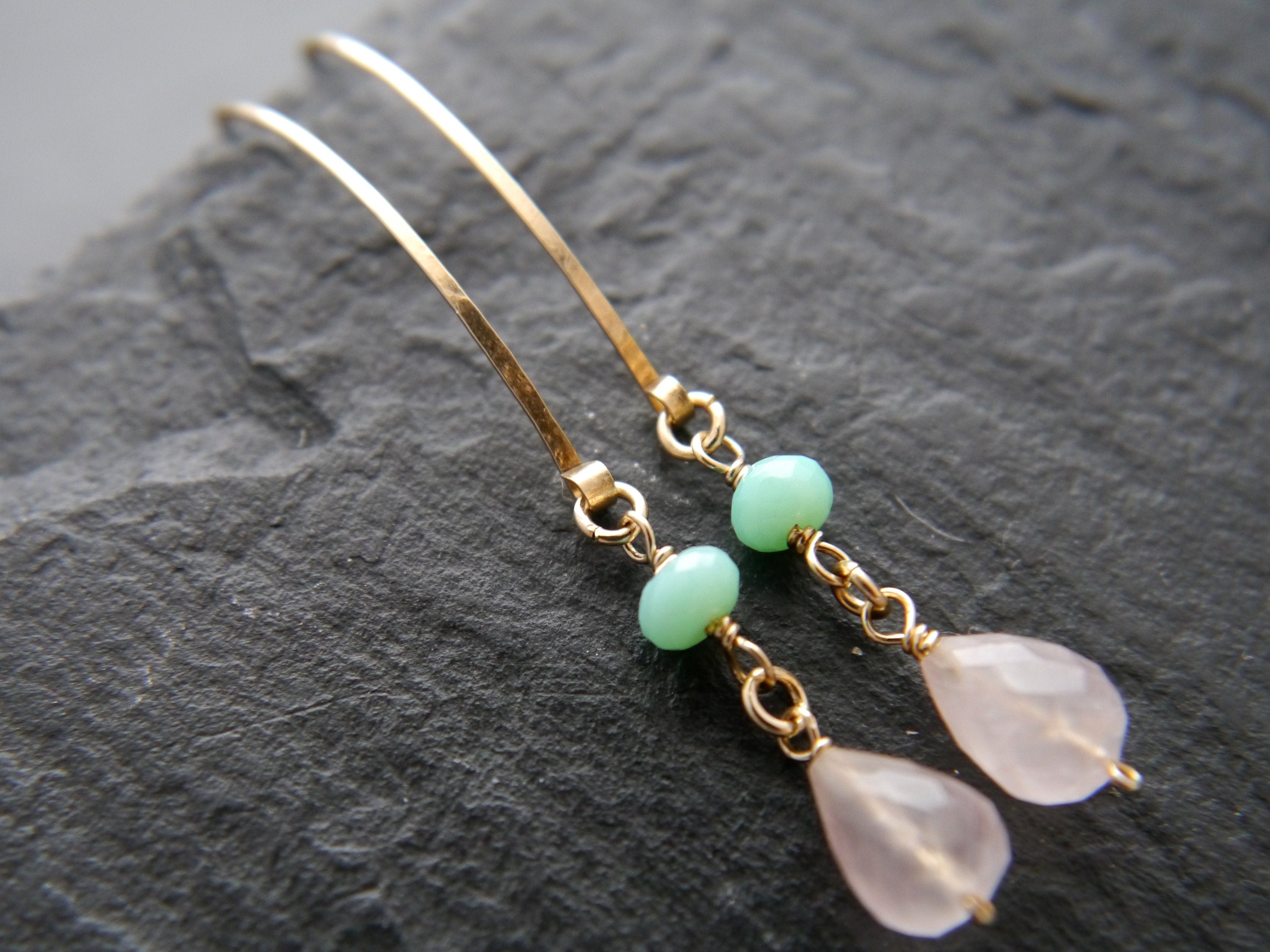 Rose Quartz Chrysoprase Hoop Gemstone Earrings, 14K Gold Filled Boho Wedding Jewelry
