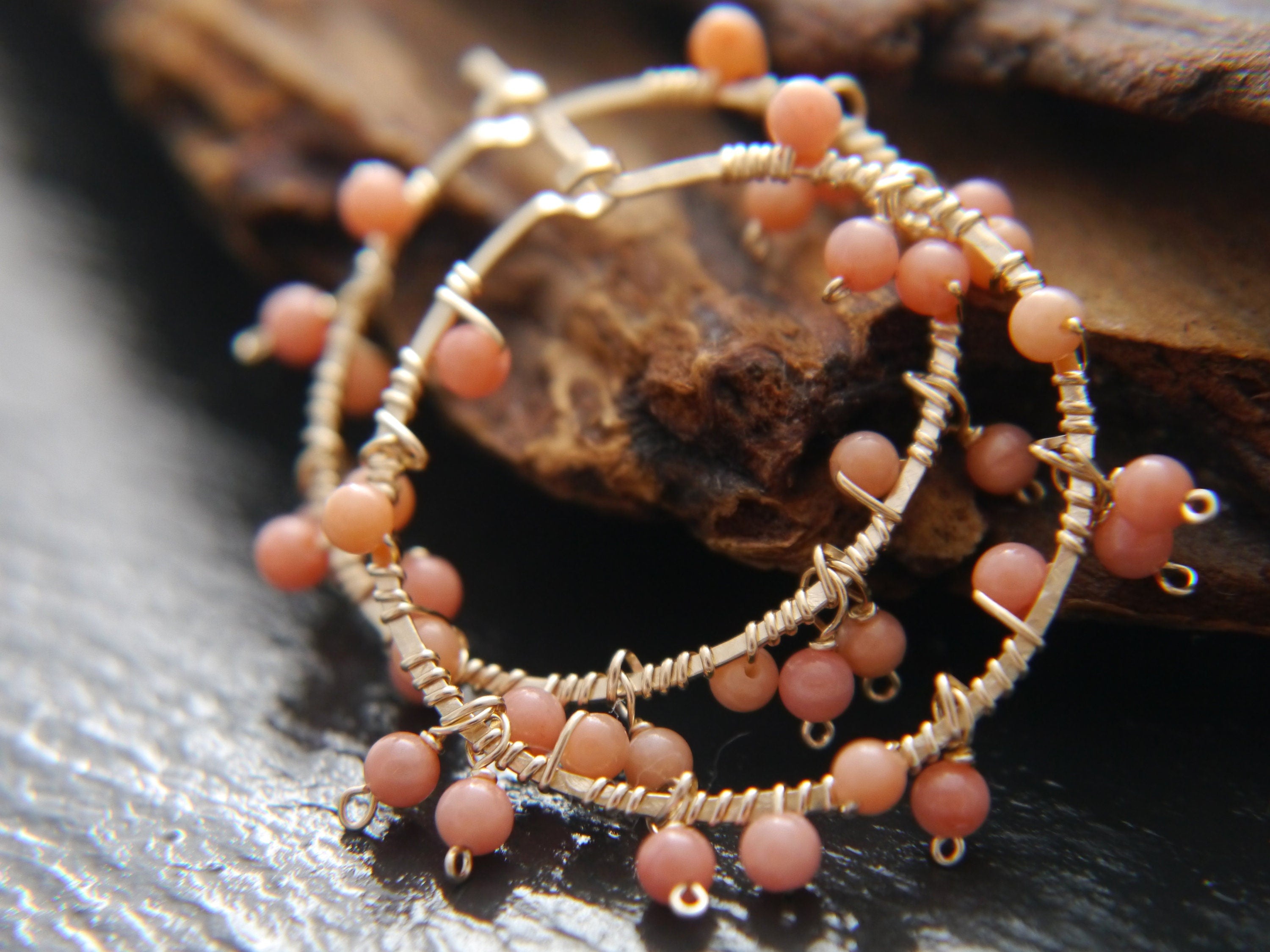 Coral Hoop Gemstone Earrings, 14K Gold Filled Garland Floral Bohemian Style