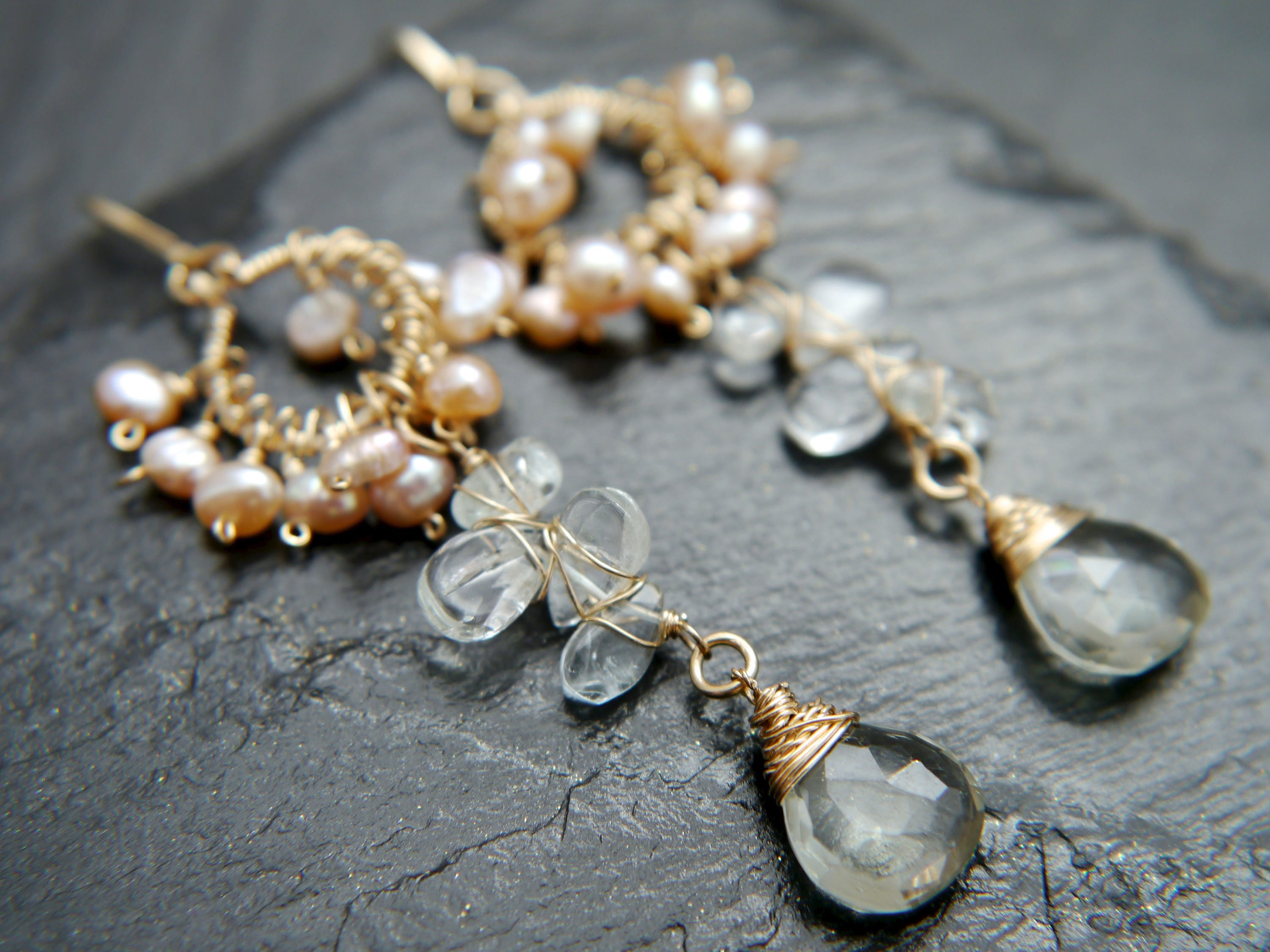 Aquamarine Pearl Long Dangle Cluster Floral Gemstone Earrings, , 14K Gold Filled Romantic