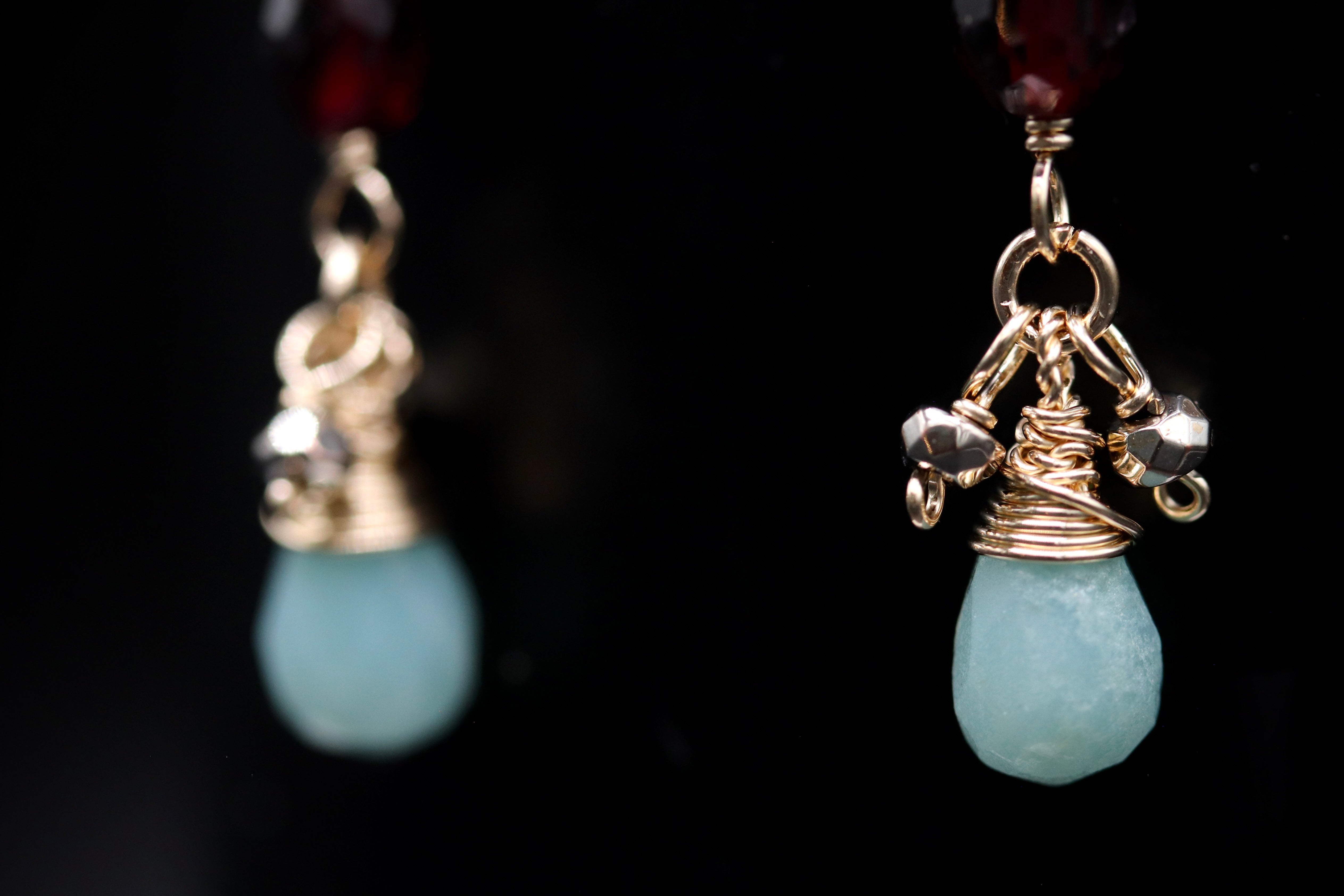A close-up view of a pair of earrings with turquoise stones and gold-colored metal accents.