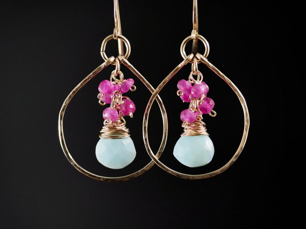 Peruvian Opal Ruby Floral Gemstone Earrings, 14K Gold Filled Bohemian Jewelry