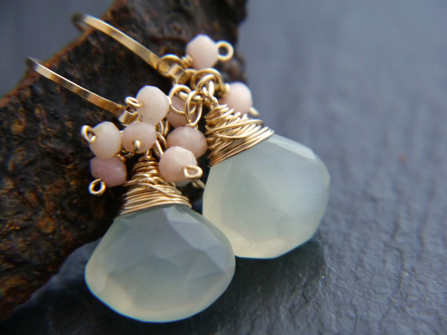Aqua Chalcedony Pink Opal Floral Cluster Gemstone Earringsr, 14K Gold Filled Bridal