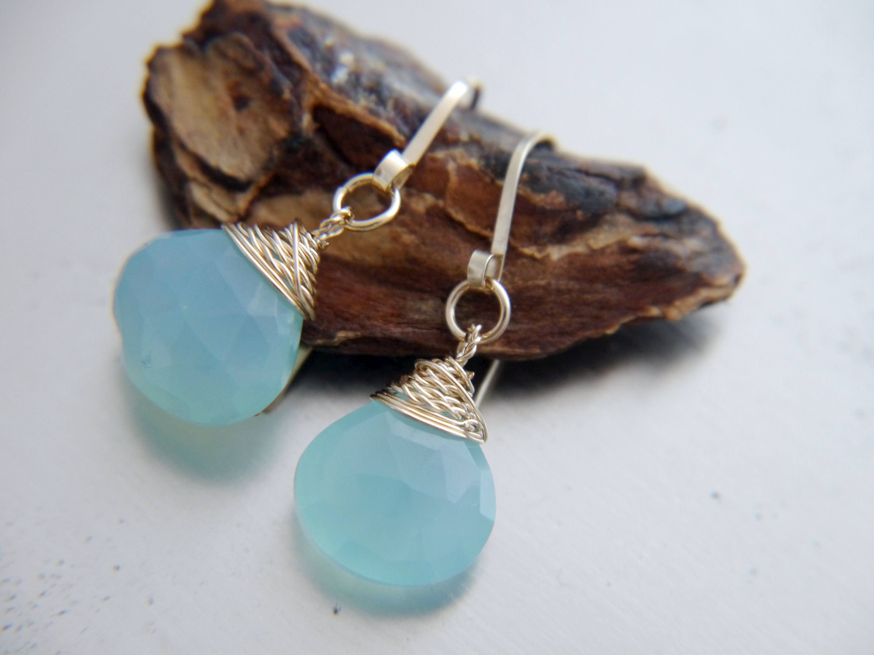 Aqua Chalcedony Heart Briolette Teardrop Gemstone Earrings, 14K Gold Filled Romantic Gift