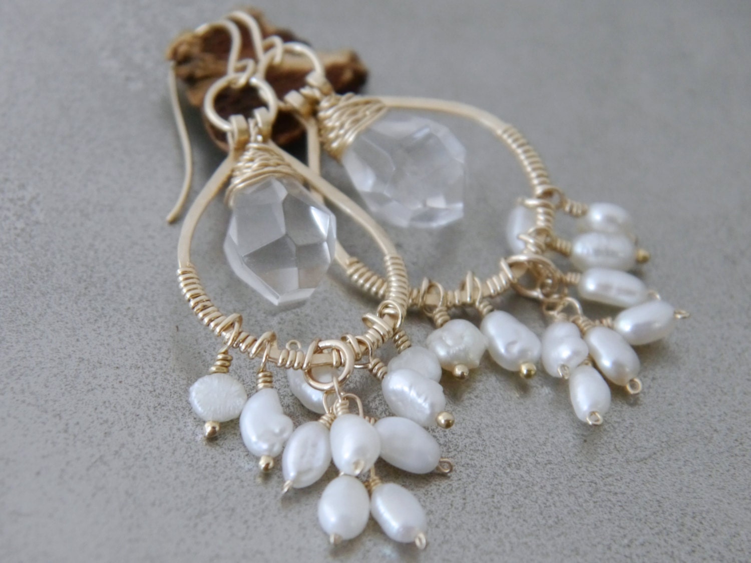 Freshwater Pearl Quartz Floral Chandelier Gemstone Earrings, 14K Gold Filled Wedding