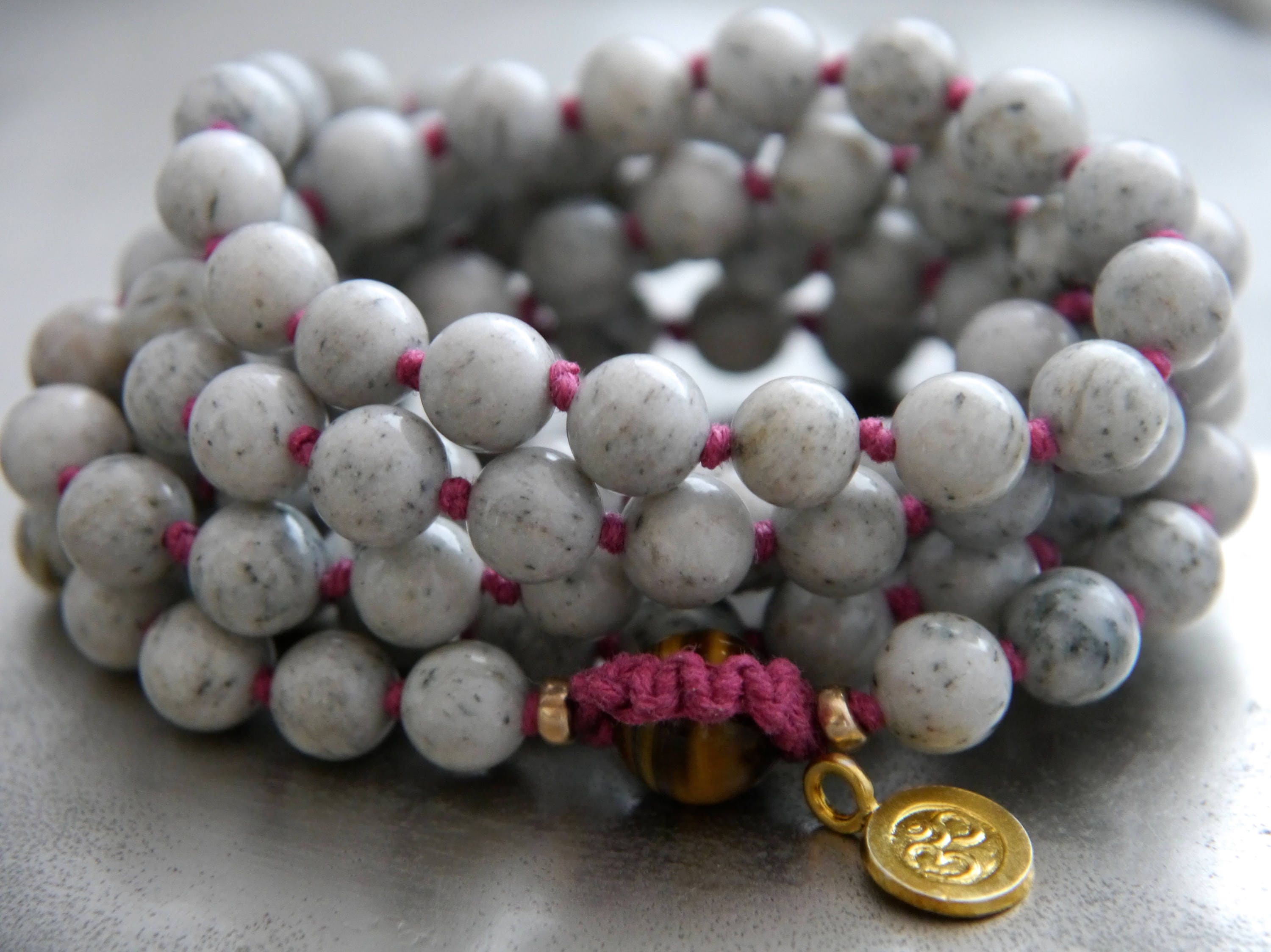 Gray Feldspar 108 Mala Bead , Wrap, Hand Knotted Tibetan Prayer Beads
