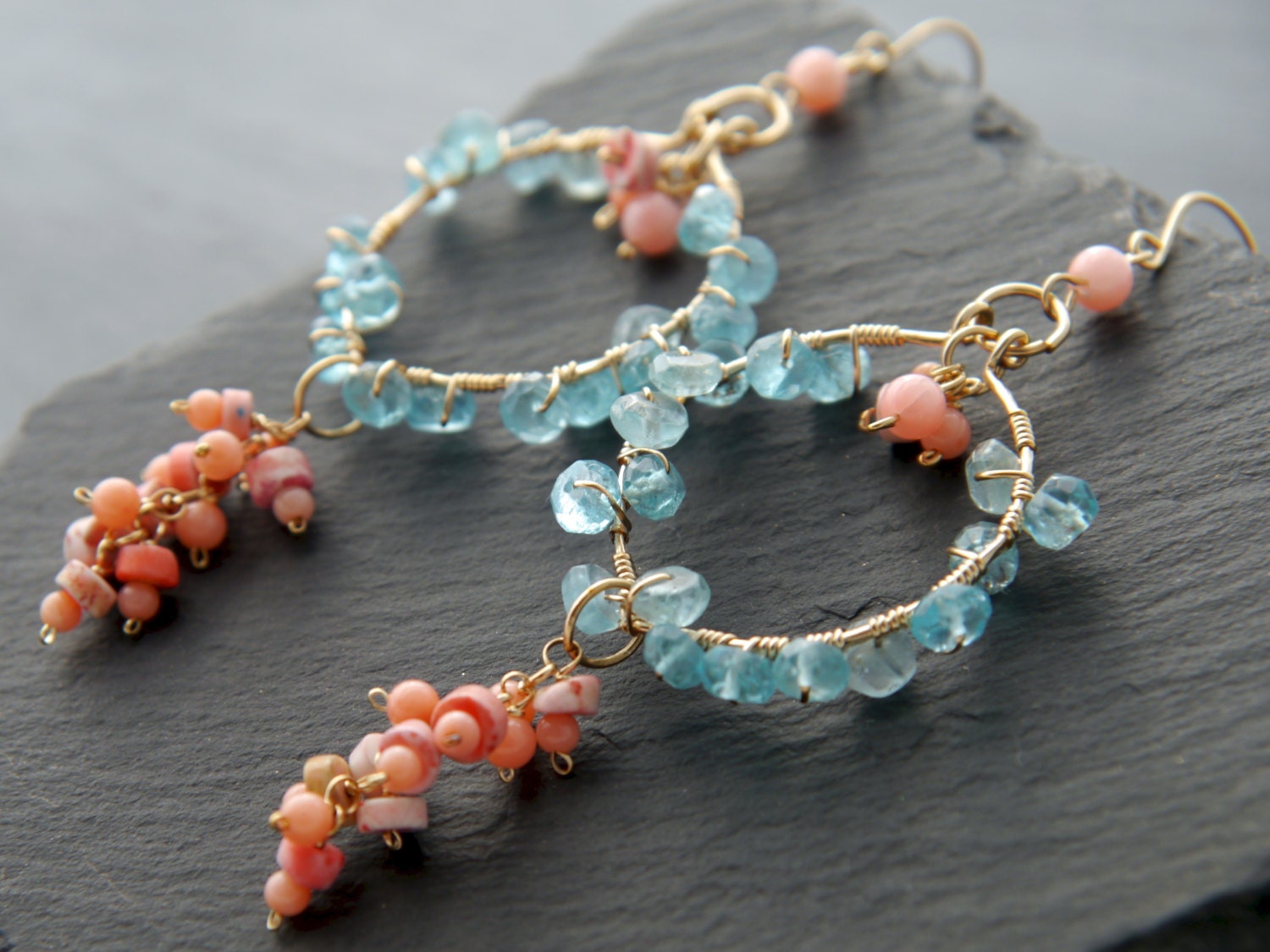 Pink Coral Apatite Chandelier Gemstone Earrings, 14K Gold Filled Bohemian Jewelry
