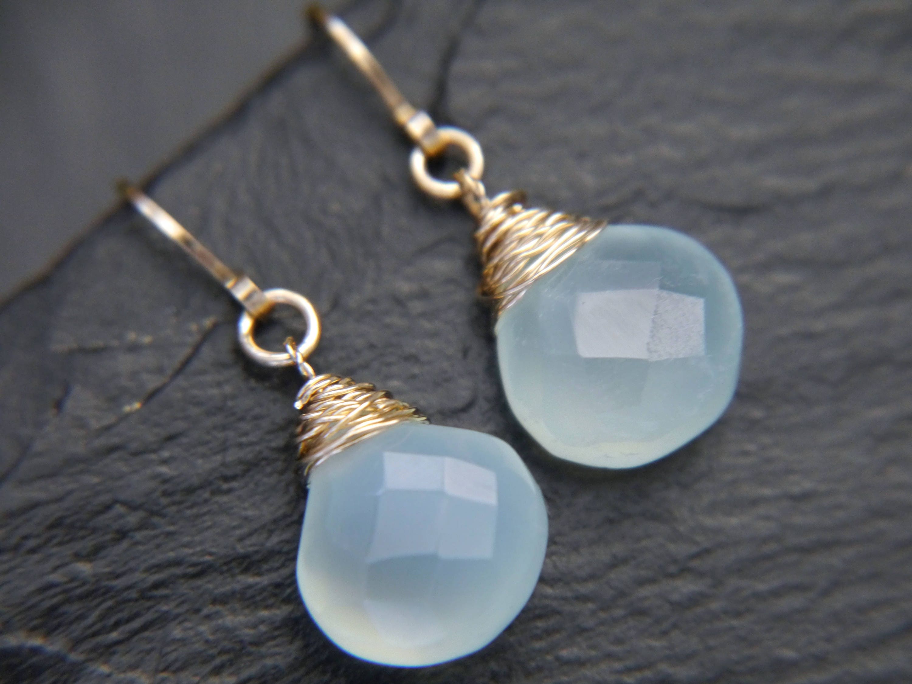 Blue Green Chalcedony Heart Briolette Teardrop Gemstone Earrings, 14K Gold Filled Bohemian Style