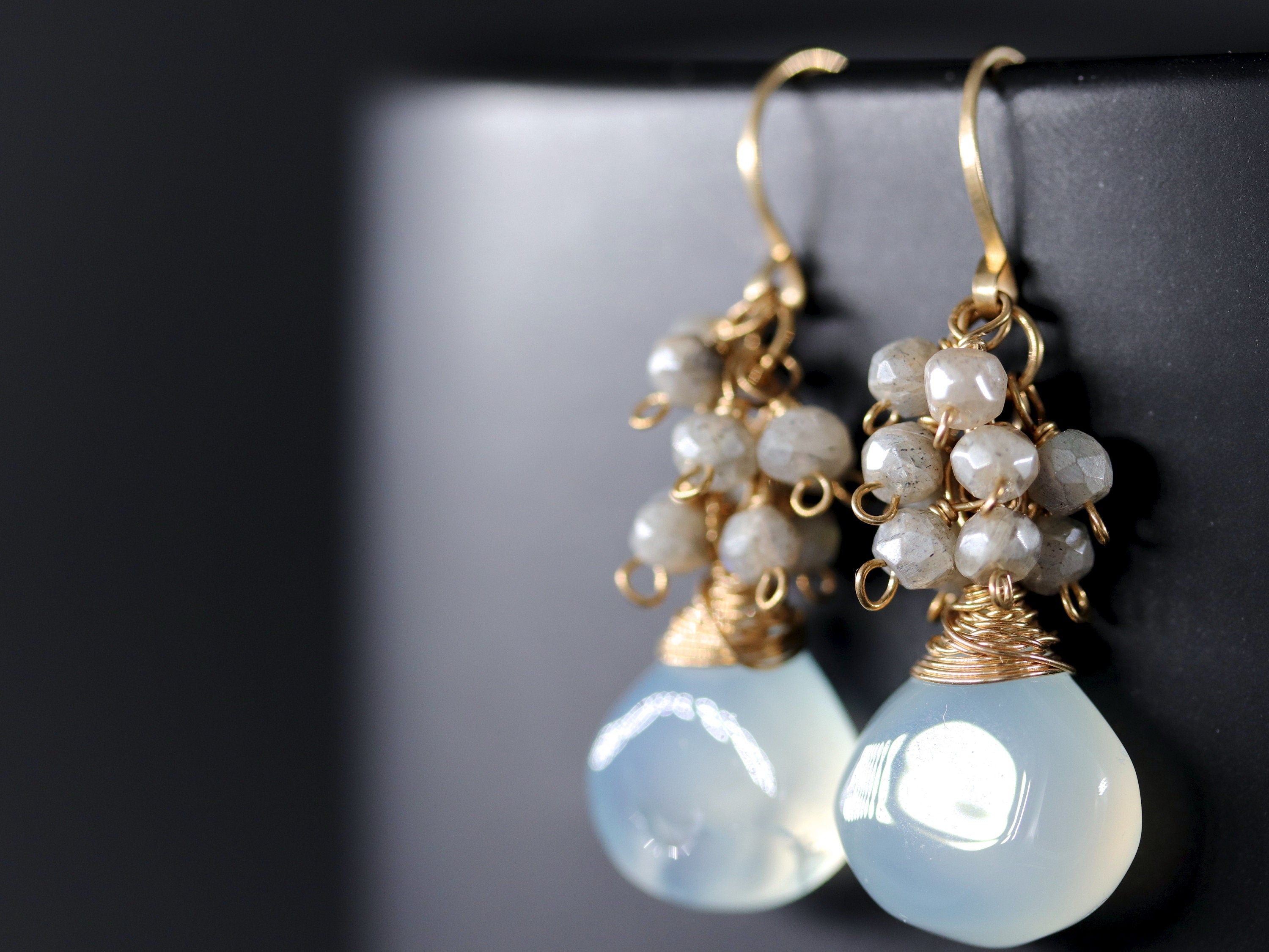 Aqua Chalcedony Briolette Labradorite Cluster Gemstone Earrings, 14K Gold Filled