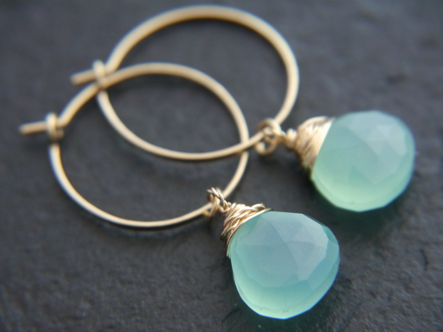 Aqua Chalcedony Heart Briolette Hoop Gemstone Earrings, 14K Gold Filled Classic