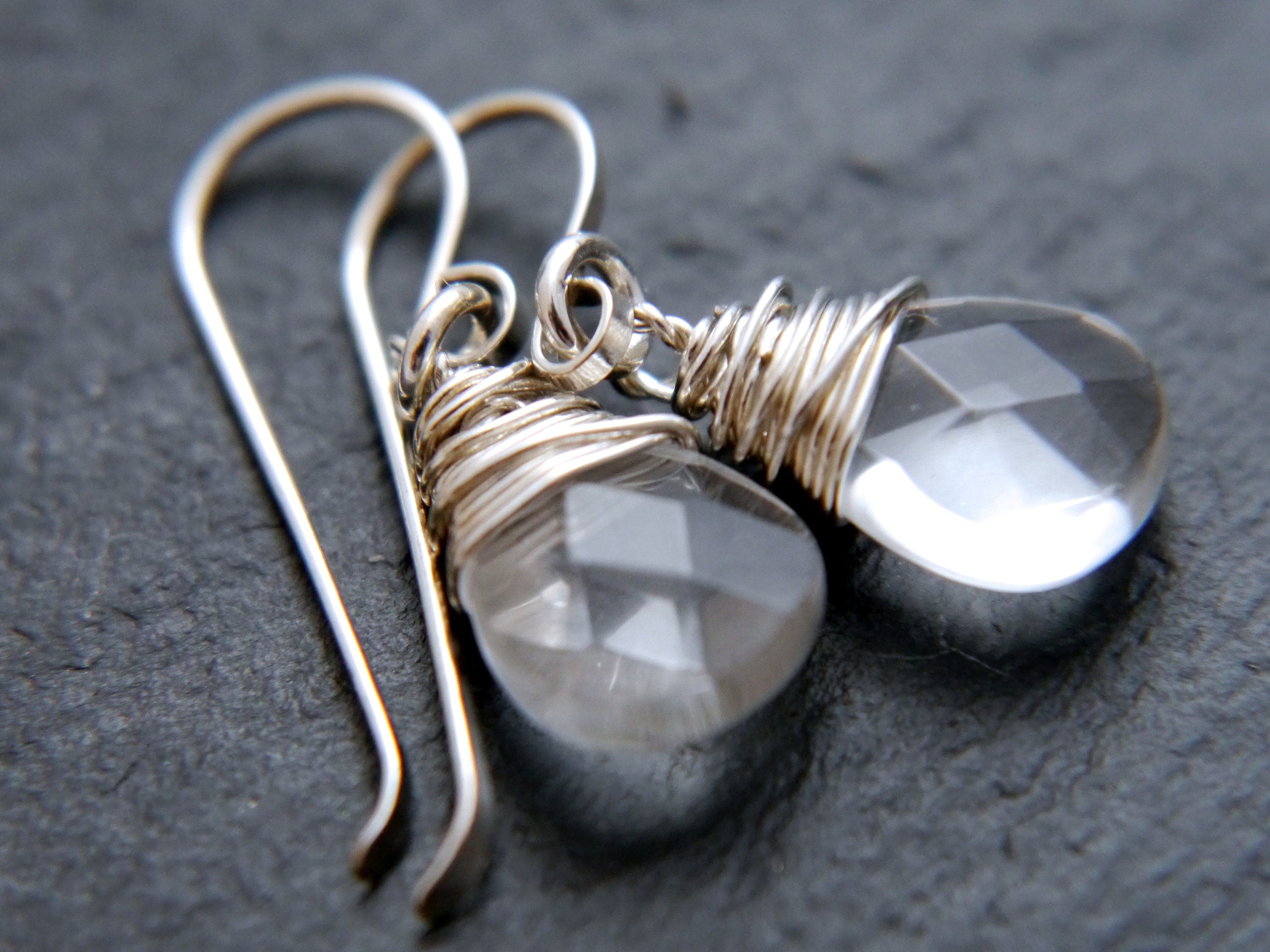 Clear Quartz Teardrop Gemstone Earrings, Sterling Silver, Minimalist