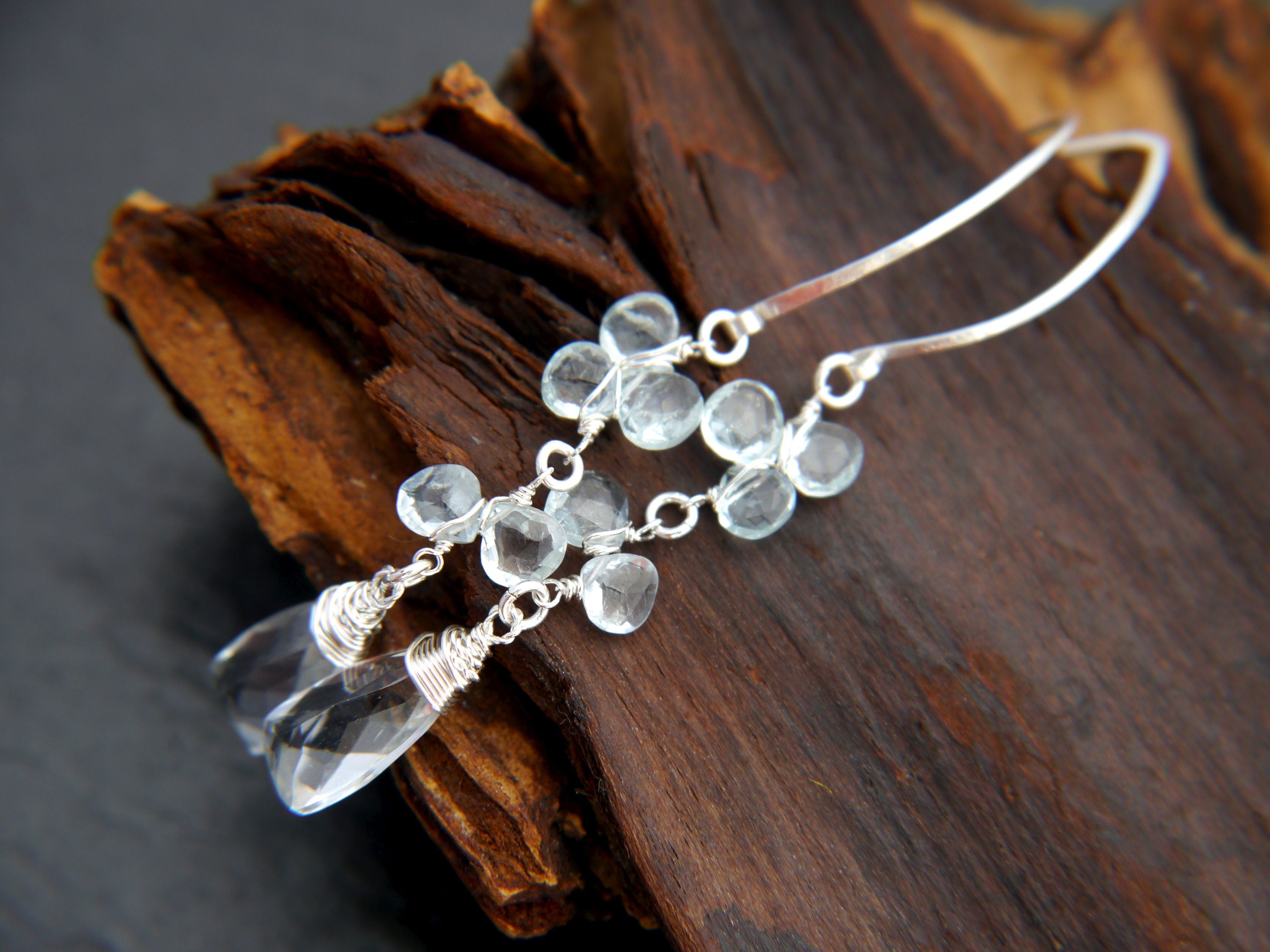 Aquamarine Quartz Trillion Hoop Gemstone Earrings, Sterling Silver, Garden Wedding