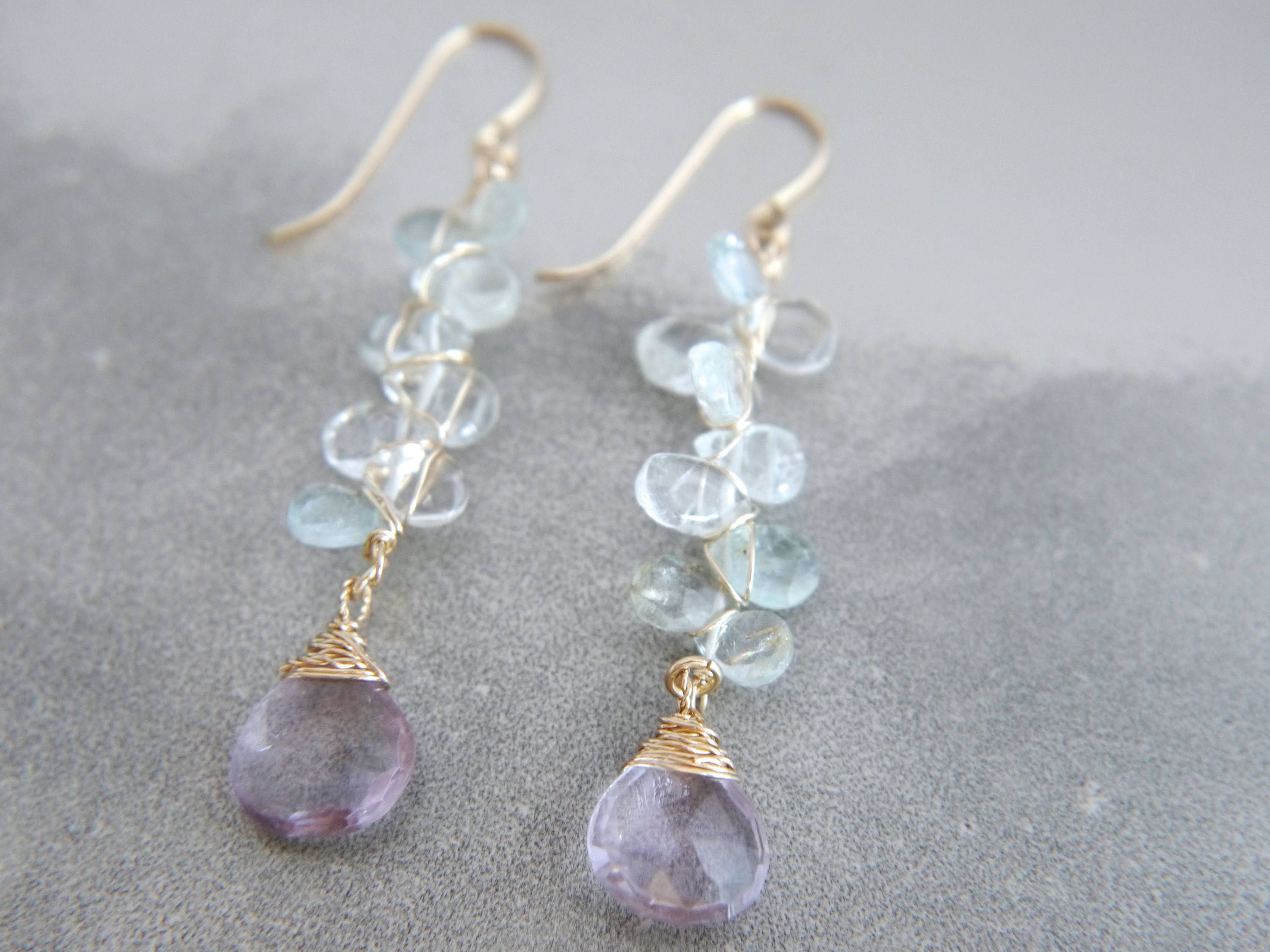 Aquamarine Amethyst Long Dangle Floral Gemstone Earrings, 14K Gold Filled Wedding