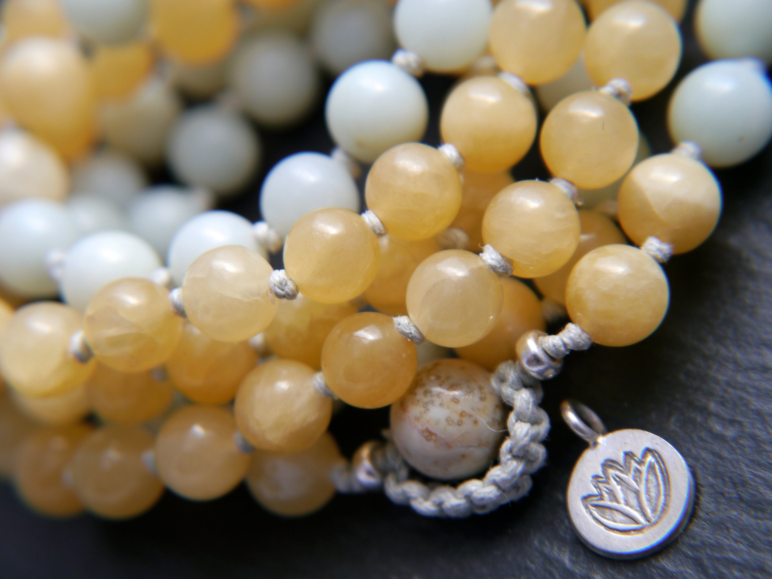 Blue Amazonite Yellow Quartz Mala Beads, 108 Gemstone Beads, Wrap, Hand Knotted