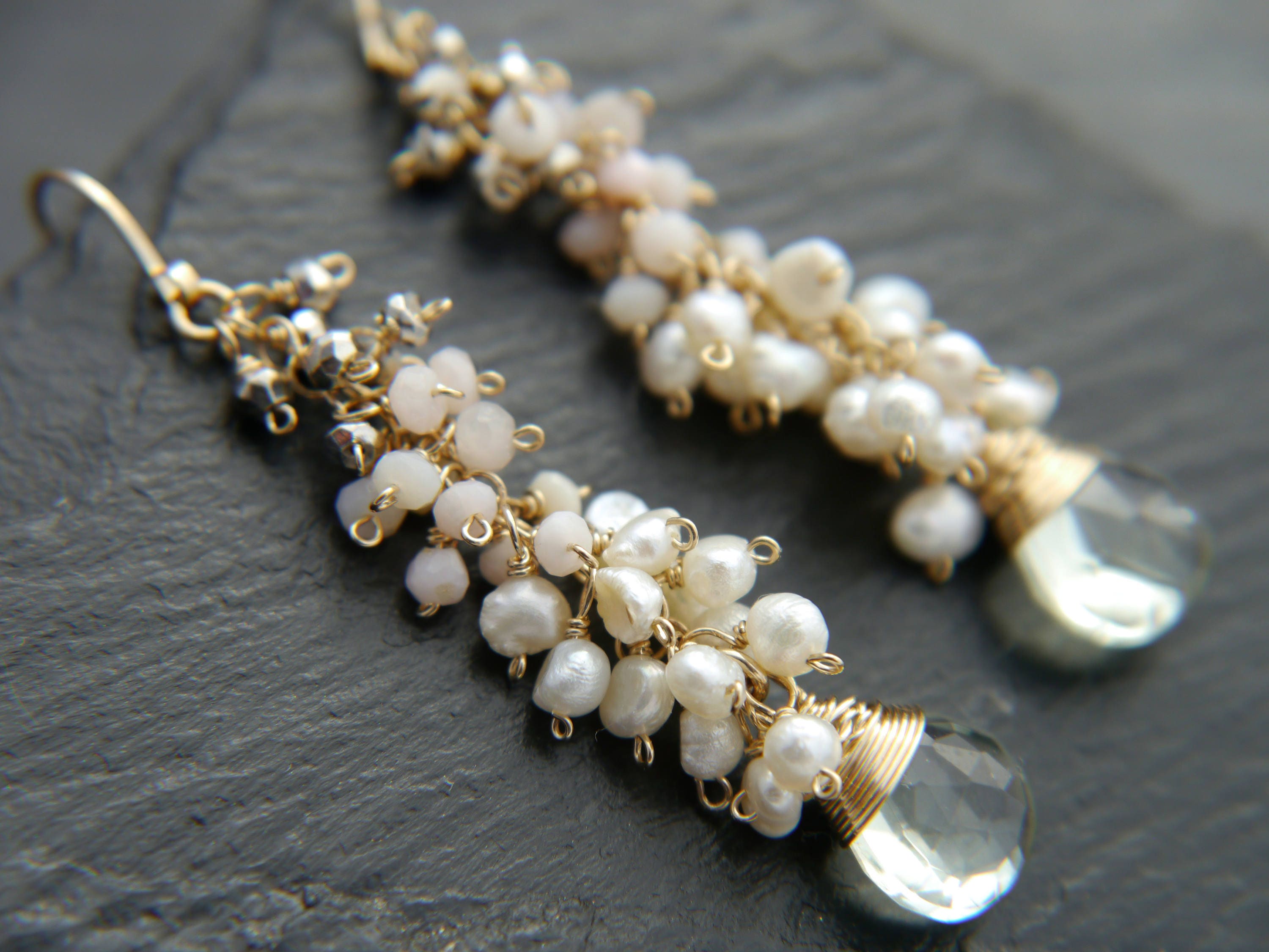 Green Amethyst Pearl Teardrop Cluster Floral Gemstone Earrings, 14K Gold Filled