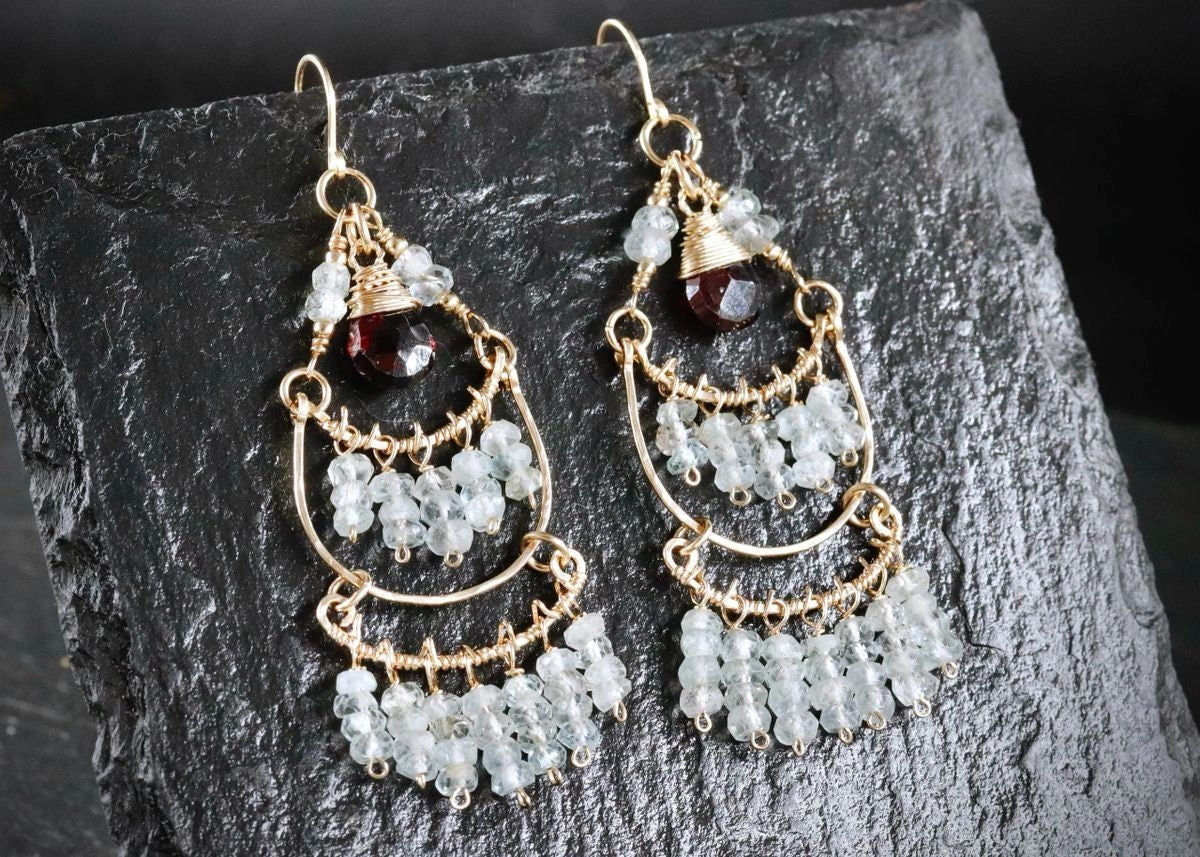 Garnet Aquamarine Fringe Chandelier Gemstone Earrings, 14K Gold Filled Bohemian Jewelry