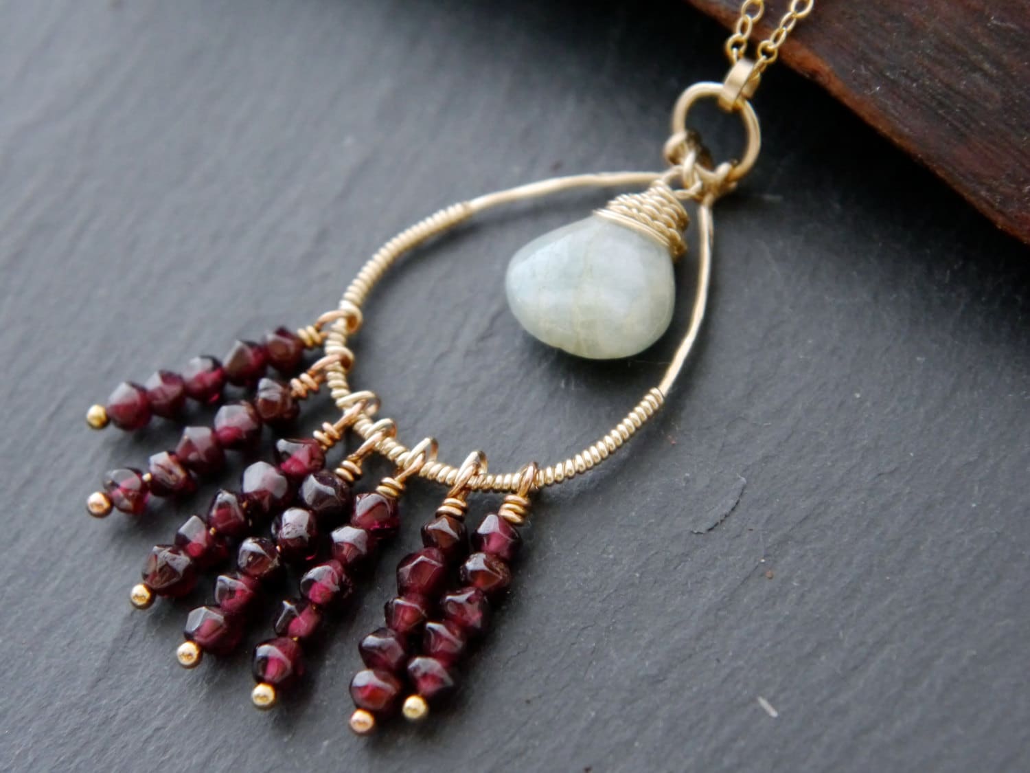 Aquamarine Garnet Tassel Pendant Necklace Gold Filled Statement Jewelry