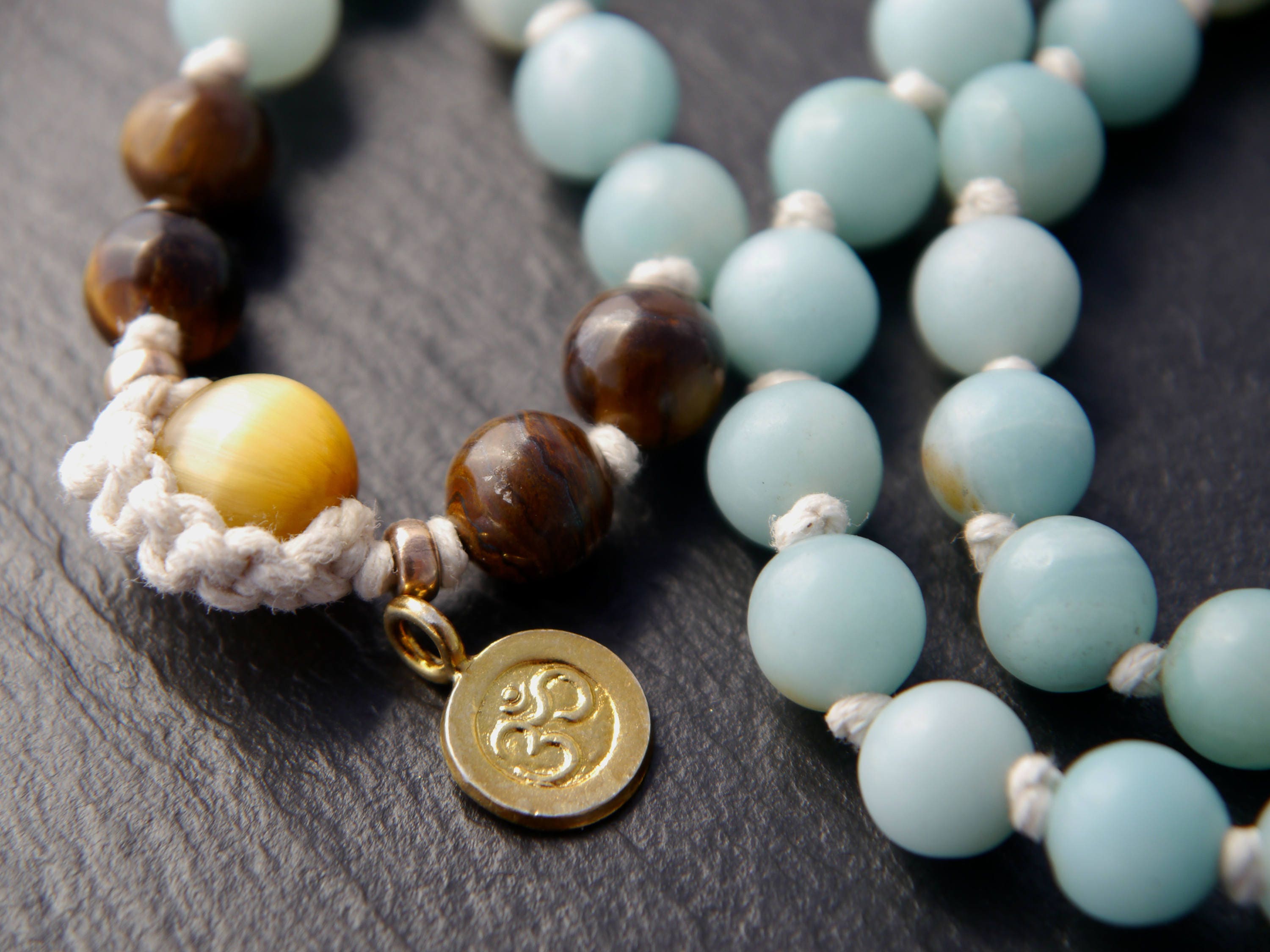 Brown Tiger’s Eye Blue Amazonite Mala Beads, 108 Gemstone Beads, Wrap, Hand Knotted