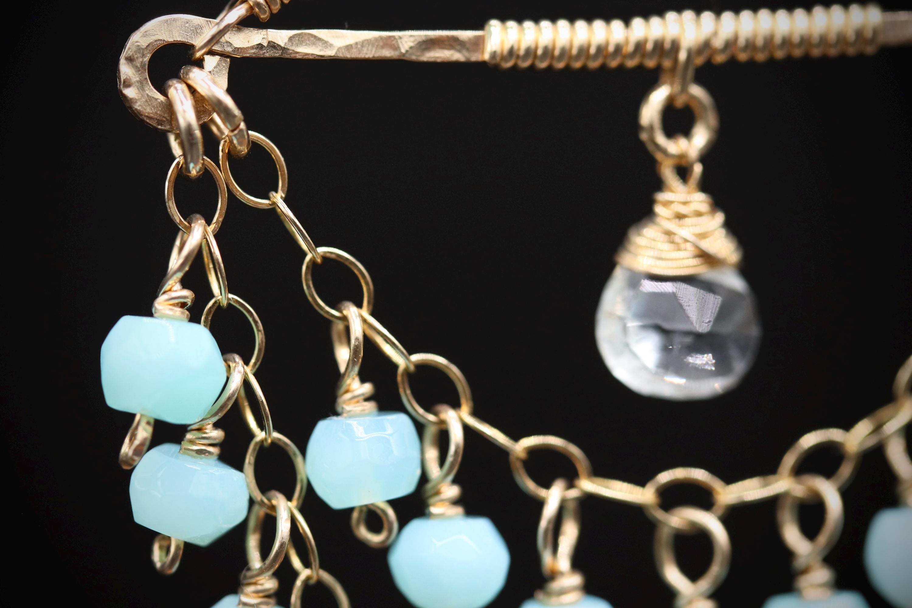 Peruvian Blue Opal Tiered Fringe Chandelier Earrings, 14K Gold Filled Statement Bohemian Wedding Jewelry
