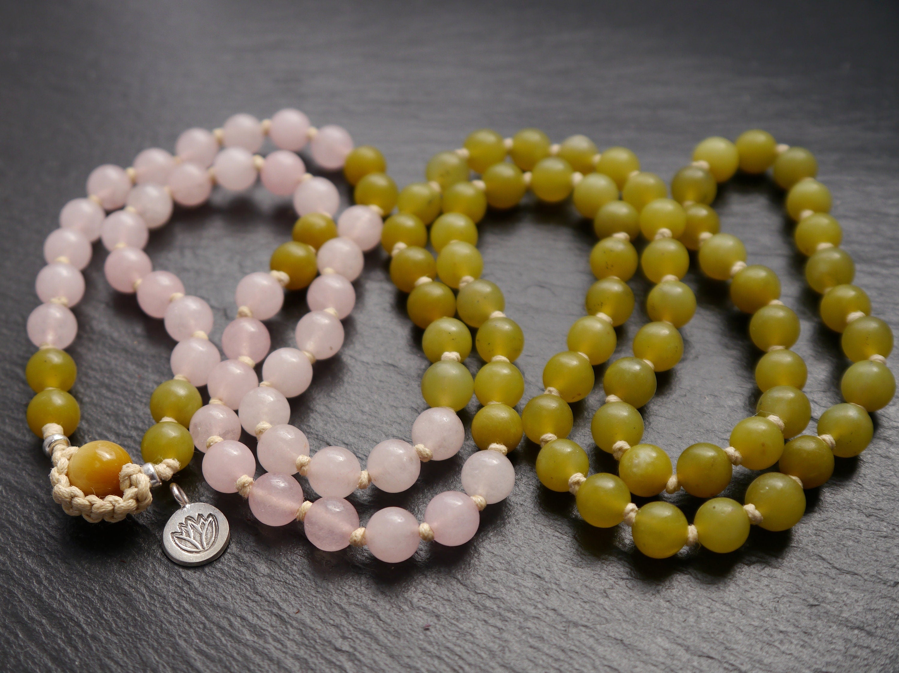 Rose Quartz Serpentine Mala Beads, 108 Gemstone Beads, Wrap, Hand Knotted