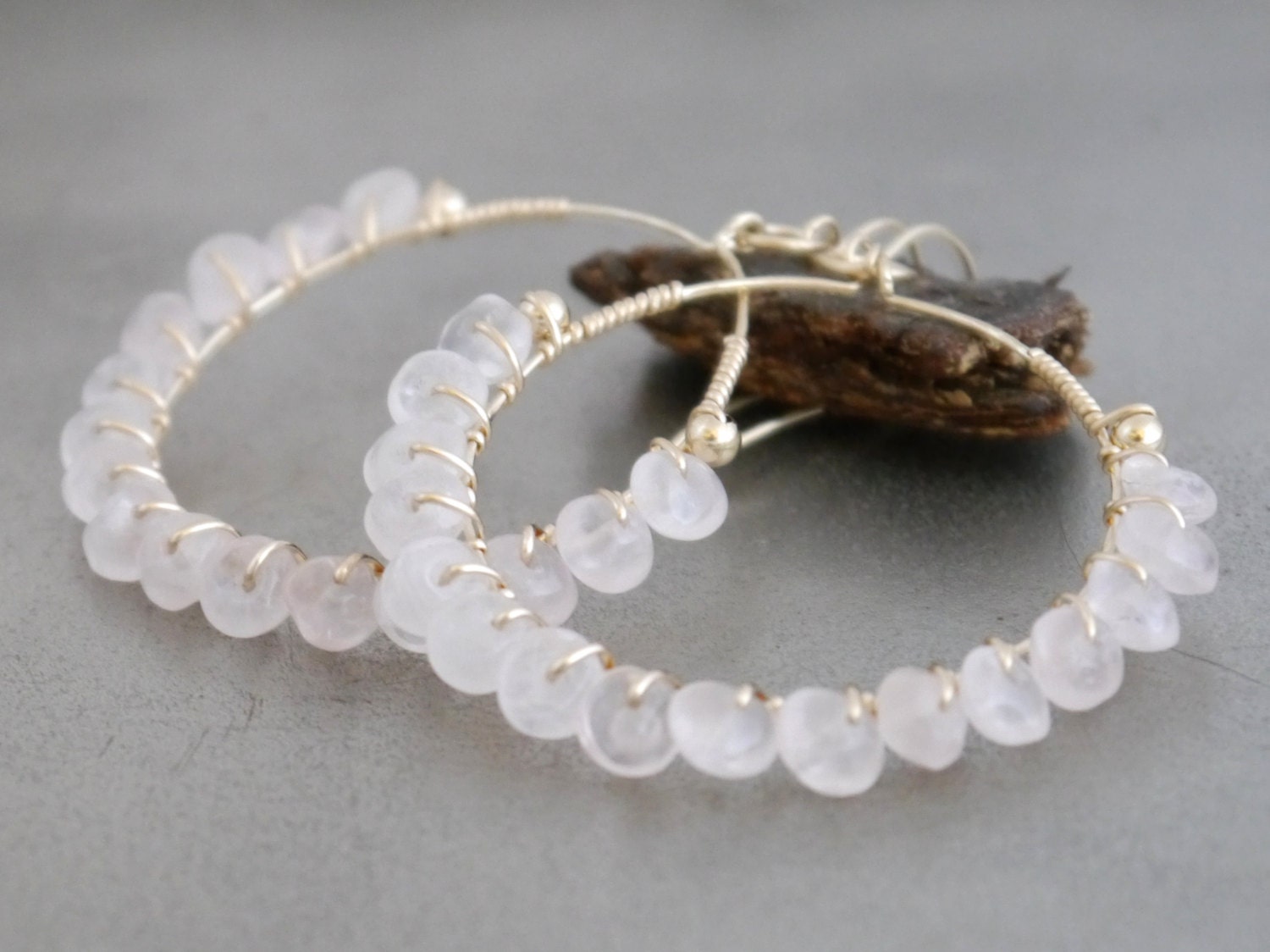 Rose Quartz Hoop Dangle Gemstone Earrings, 14K Gold Filled Jewelry Boho