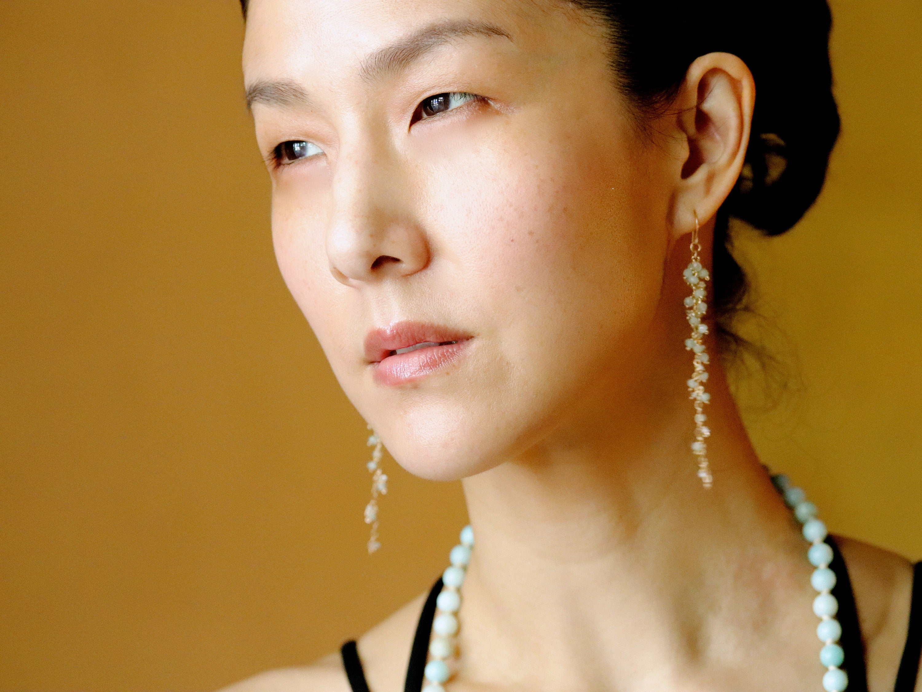 Aquamarine Herkimer Tassel Earrings, 14K Gold Filled Long Duster, Minimal Statement