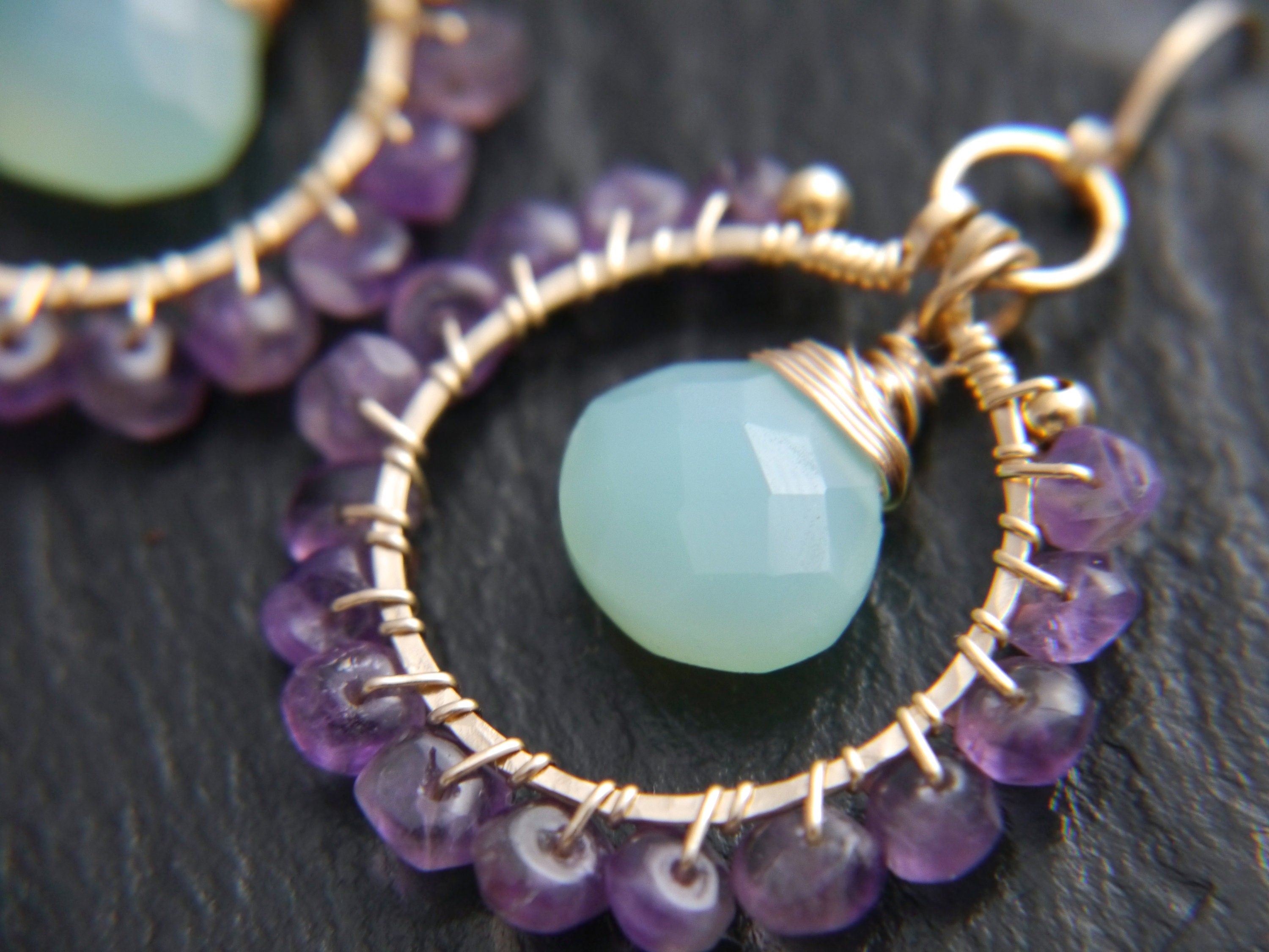 Amethyst Aqua Chalcedony Hoop Earrings, 14K Gold Filled Gemstone Hoops, Boho Jewelry