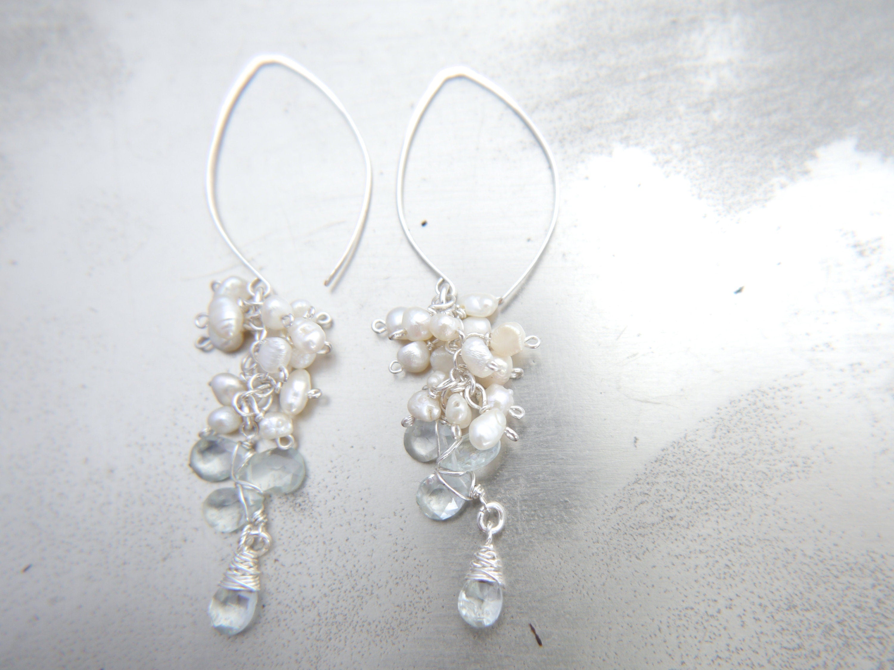 Aquamarine Pearl Long Dangle Floral Vine Gemstone Earrings, Sterling Silver Bridal