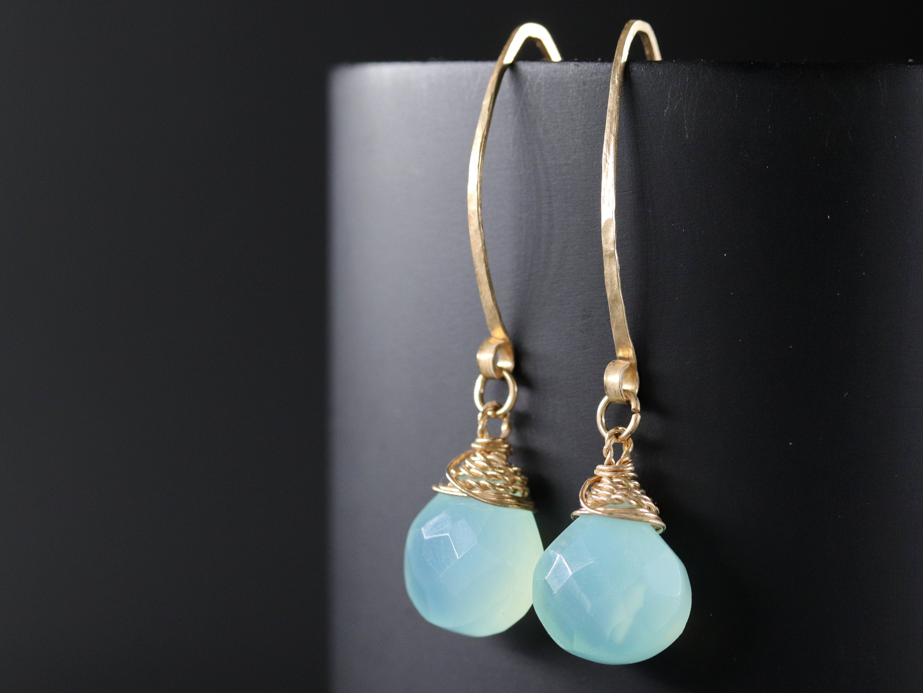 Aqua Chalcedony Heart Briolette Long Hoop Gemstone Earrings, 14K Gold Filled Something Blue
