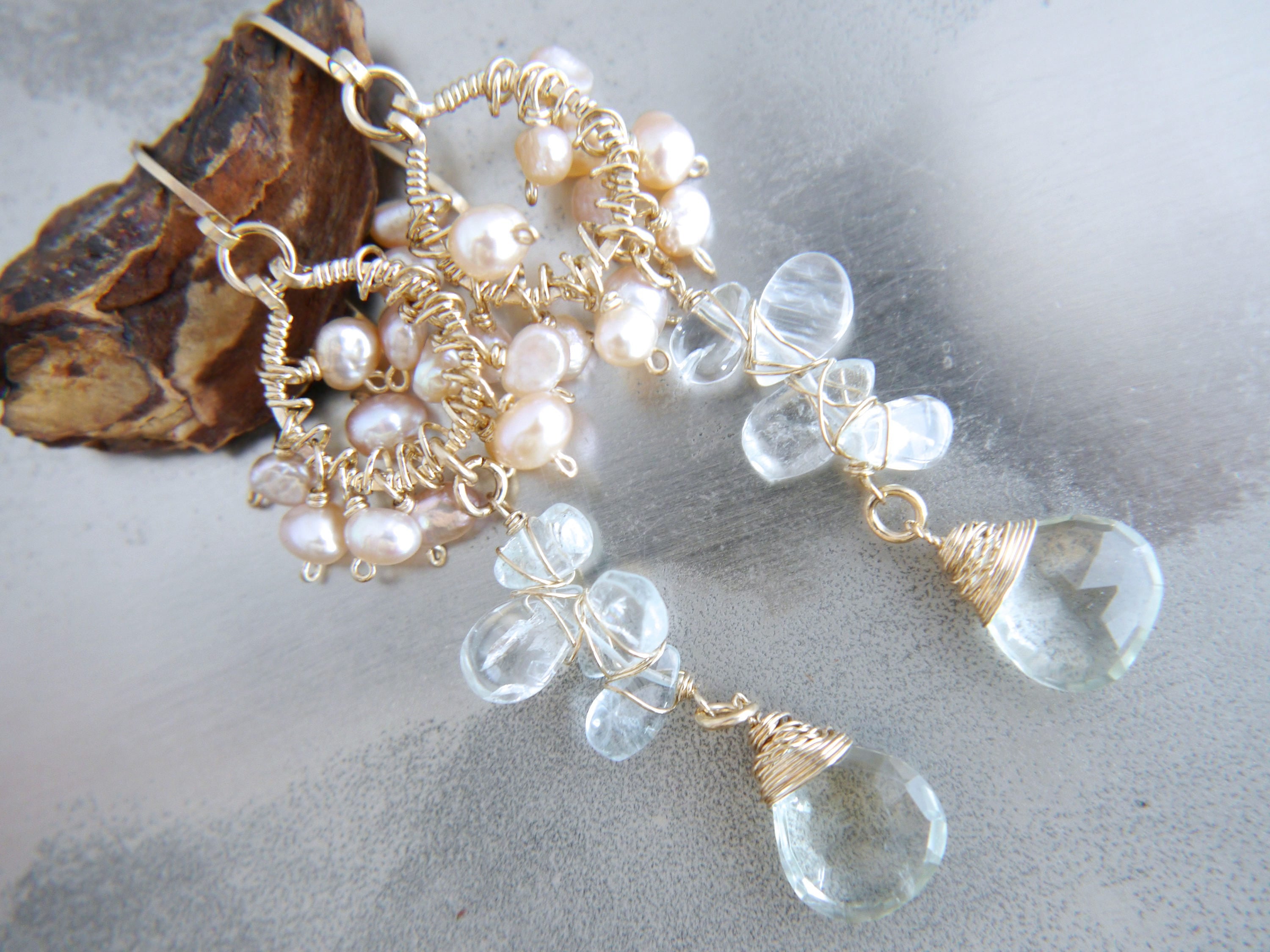 Aquamarine Pearl Long Dangle Cluster Floral Gemstone Earrings, , 14K Gold Filled Romantic