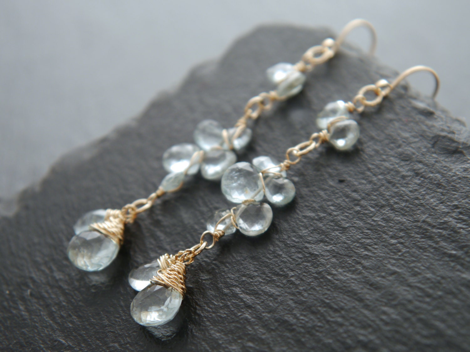 Aquamarine Long Dangle Floral Gemstone Earrings, 14K Gold Filled Garden Wedding