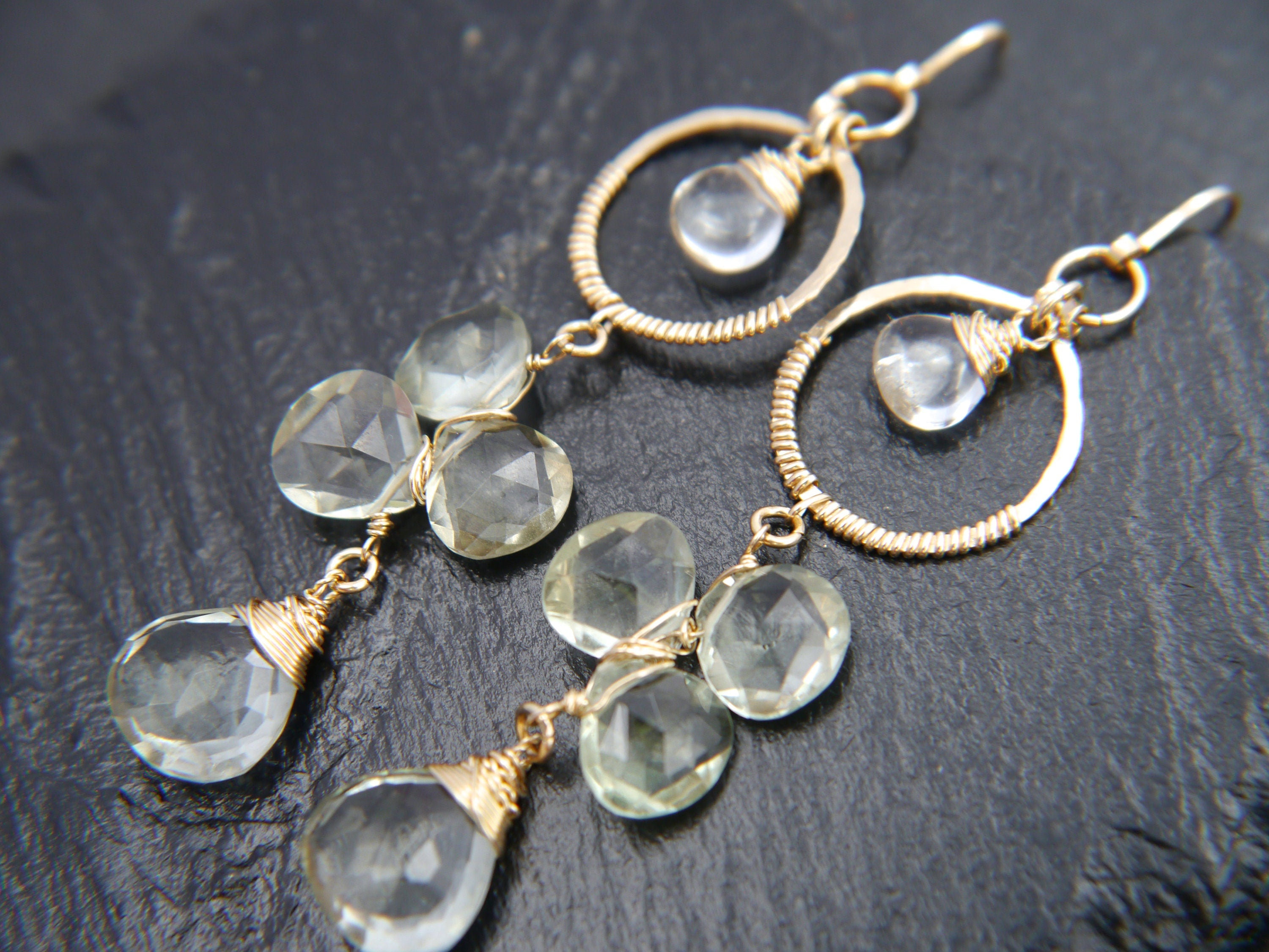 Green Amethyst Long Dangle Floral ChandelierGemstone Earrings, 14K Gold Filled Bridal