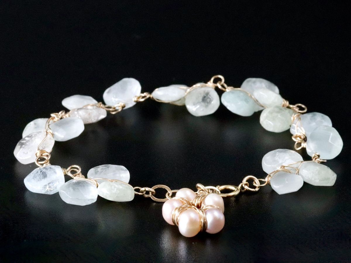 14K Gold Filled Aquamarine Pearl Gemstone Bracelet, March Birthstone Bridal Jewelry