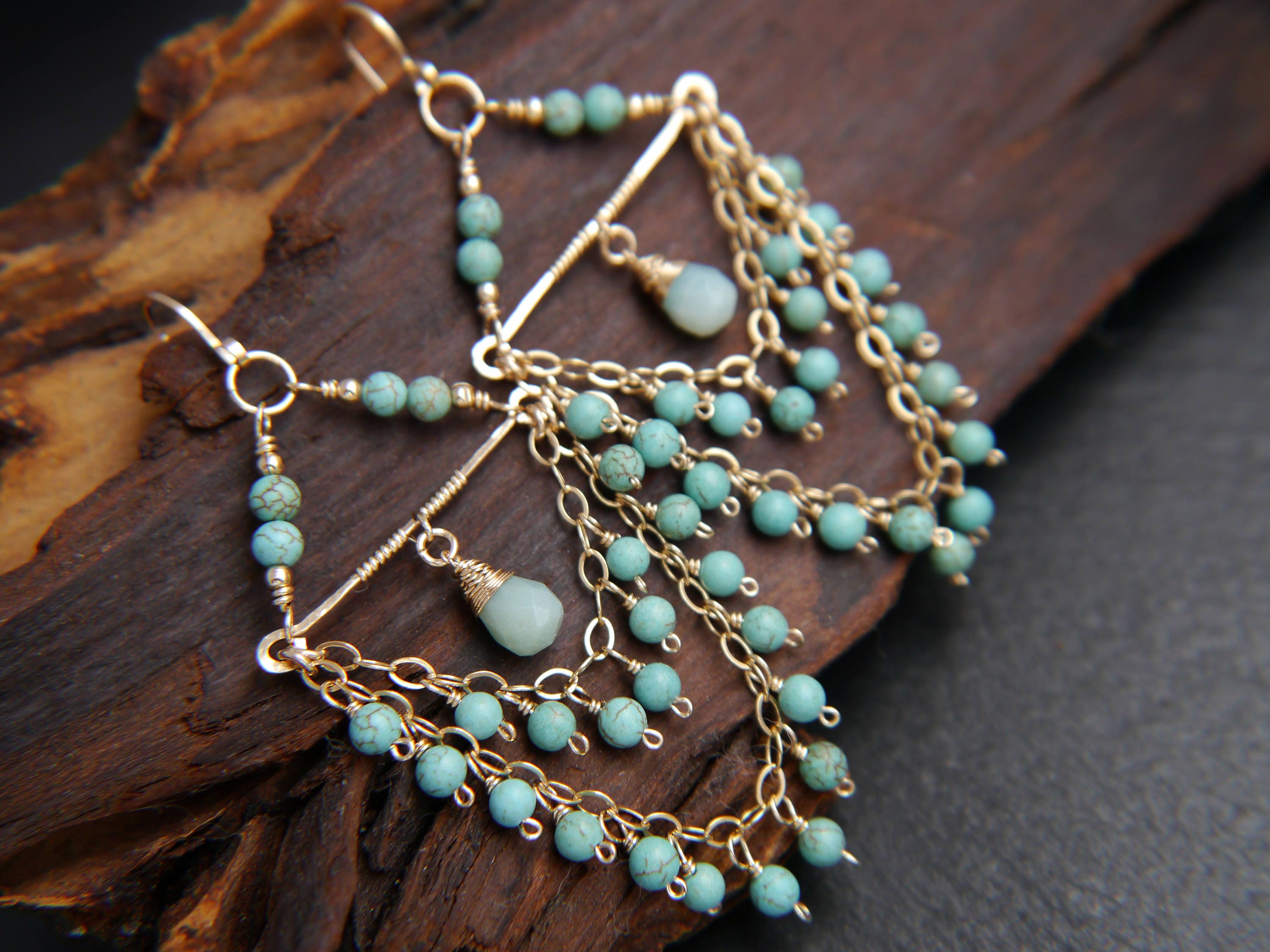 Turquoise Magnesite Chandelier Fringe Gemstone Earrings, 14K Gold Filled Coastal Wedding