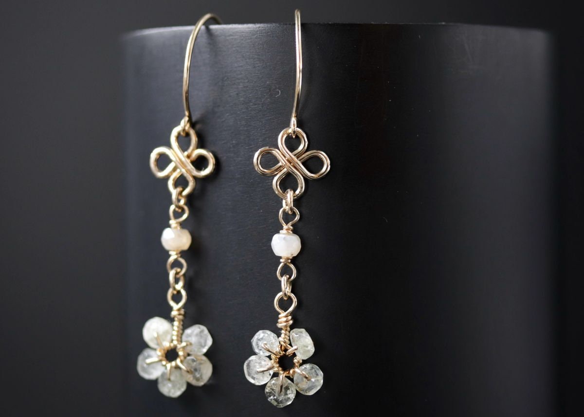 Moss Aquamarine Moonstone Long Dangle Floral Gemstone Earrings, 14K Gold Filled Bridal