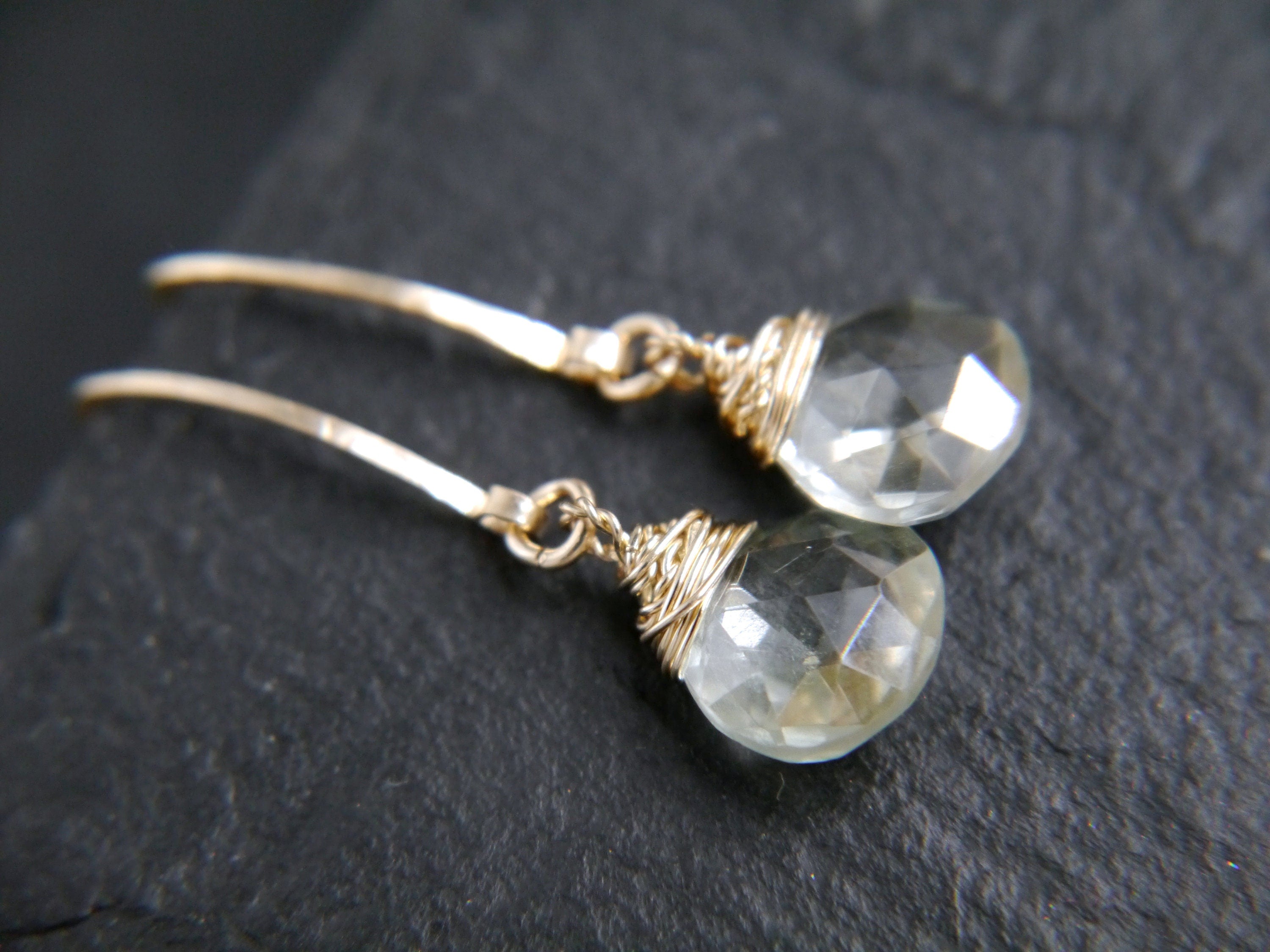 Green Amethyst Long Hoop Gemstone Earrings, 14K Gold Filled Classic Style
