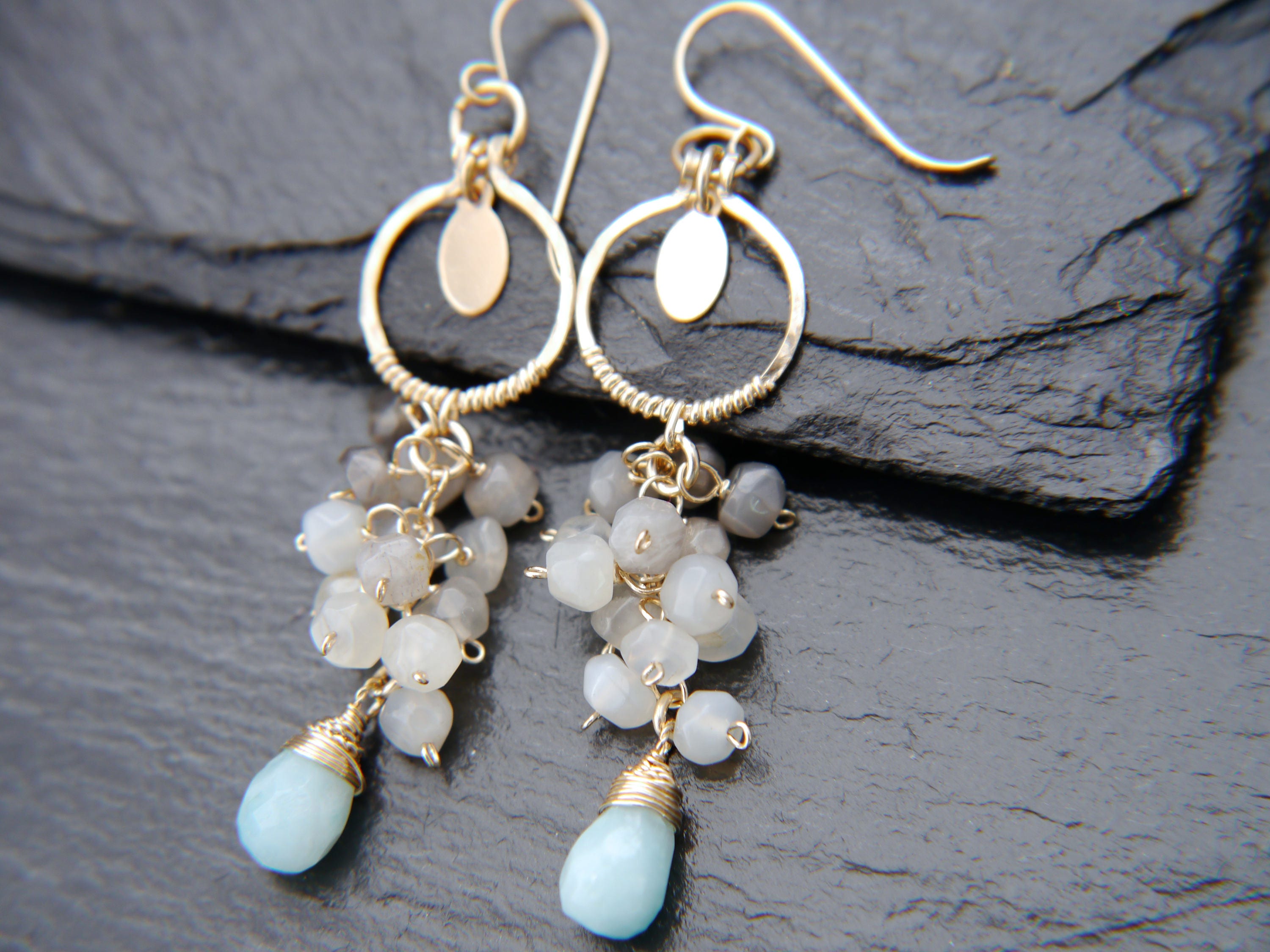 Moonstone Amazonite Cluster Gemstone Earrings 14K Gold Filled Nature Inspired
