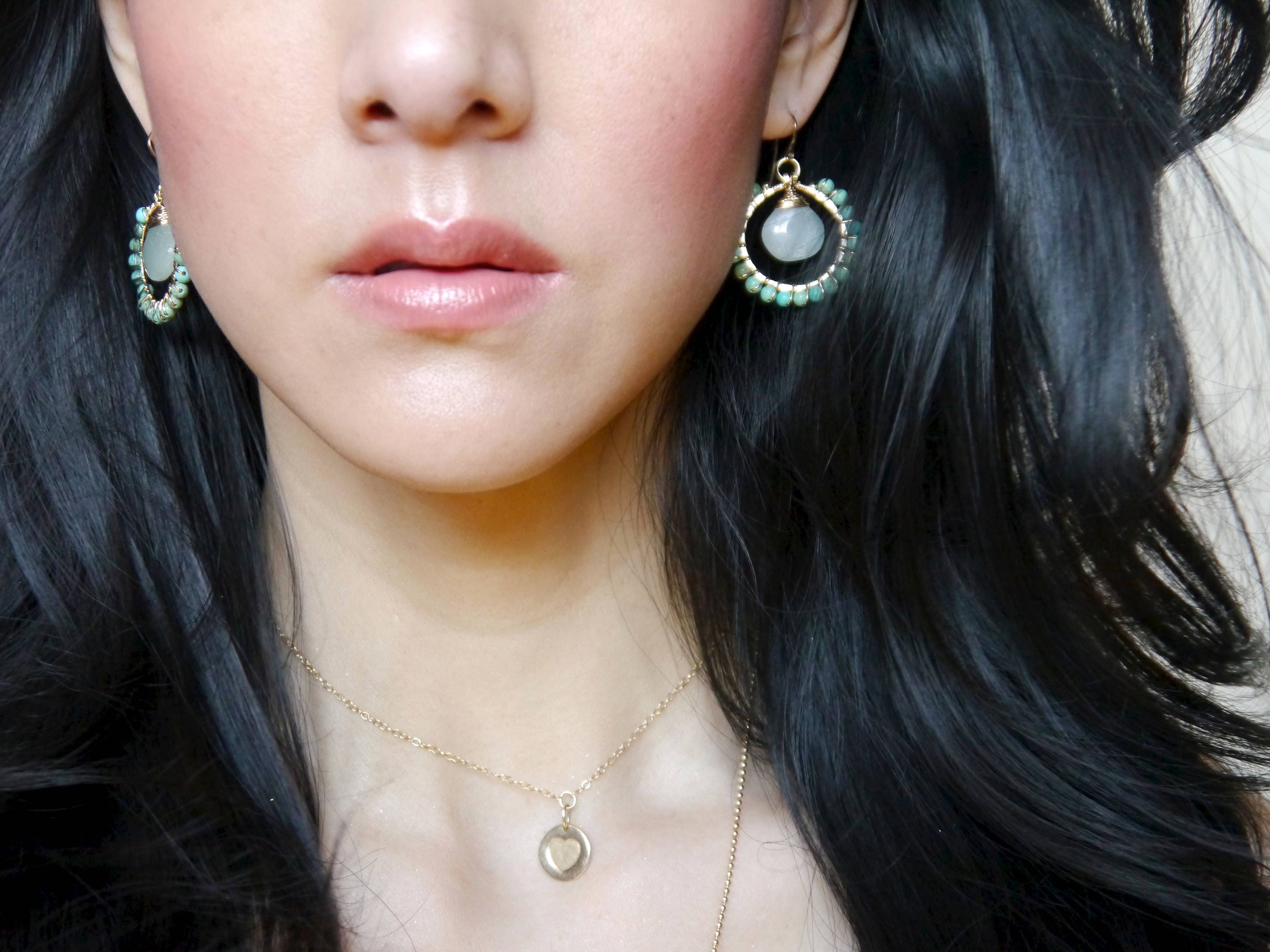 Turquoise Magensite Aquamarine Teardrop Hoop Gemstone Earrings, 14K Gold Filled
