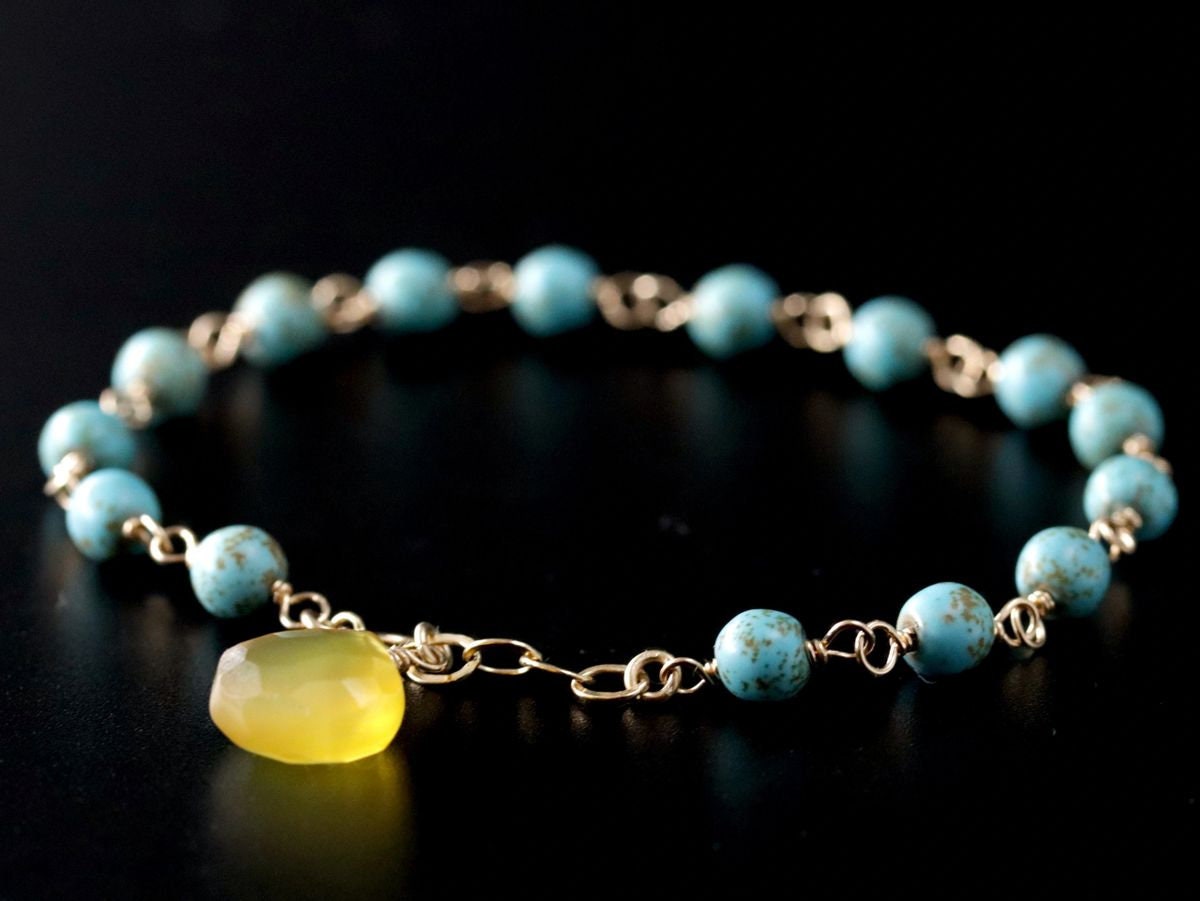 Turquoise Magnesite Yellow Chalcedony Gemstone Bracelet, 14K Gold Filled Rosary Chain, Minimalist Jewelry