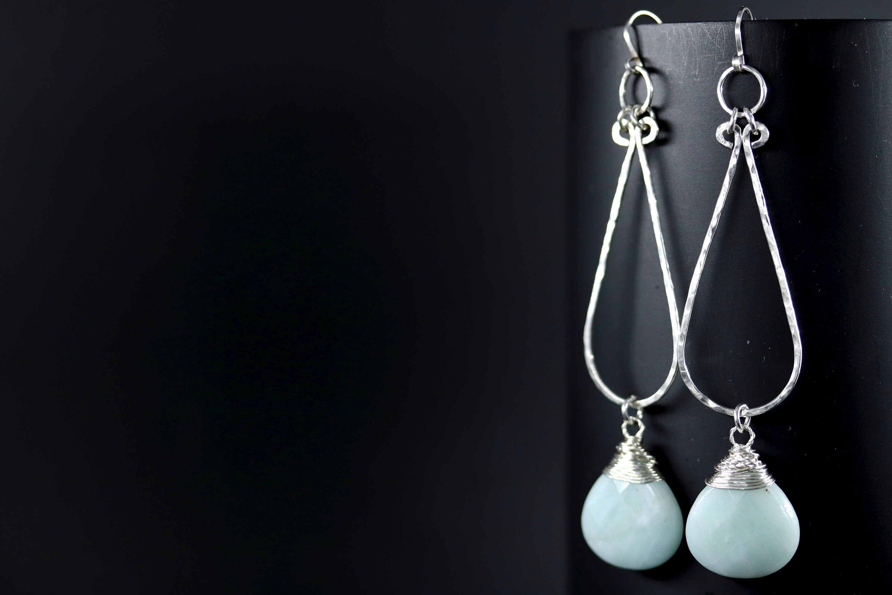 Aqua Amazonite Long Teardrop Hoop Gemstone Earrings, Sterling Silver