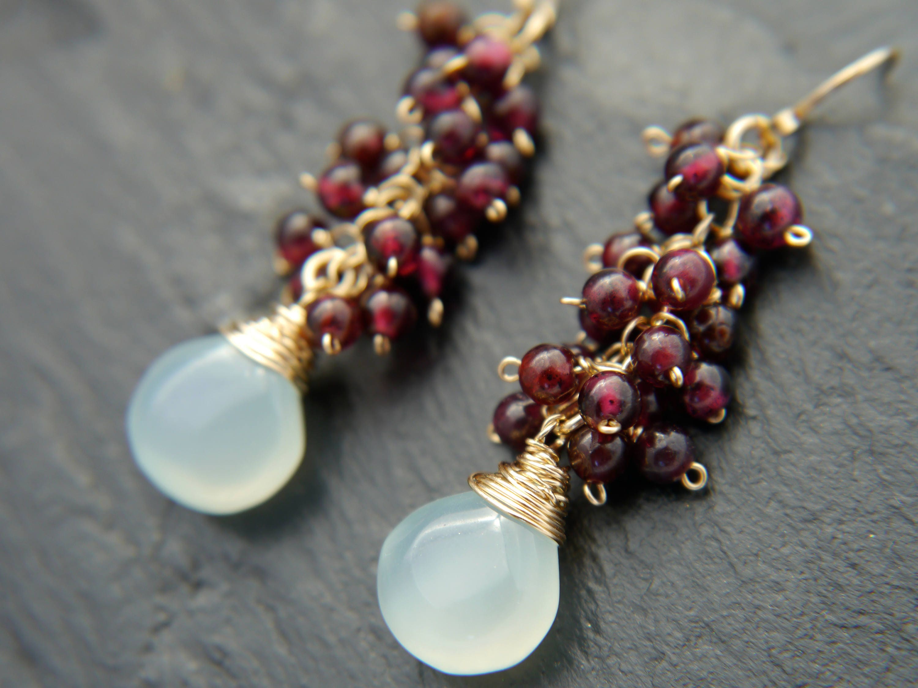 Aqua Chalcedony Garnet Cluster Earrings, 14K Gold Filled Briolette Dangle, Boho Jewelry