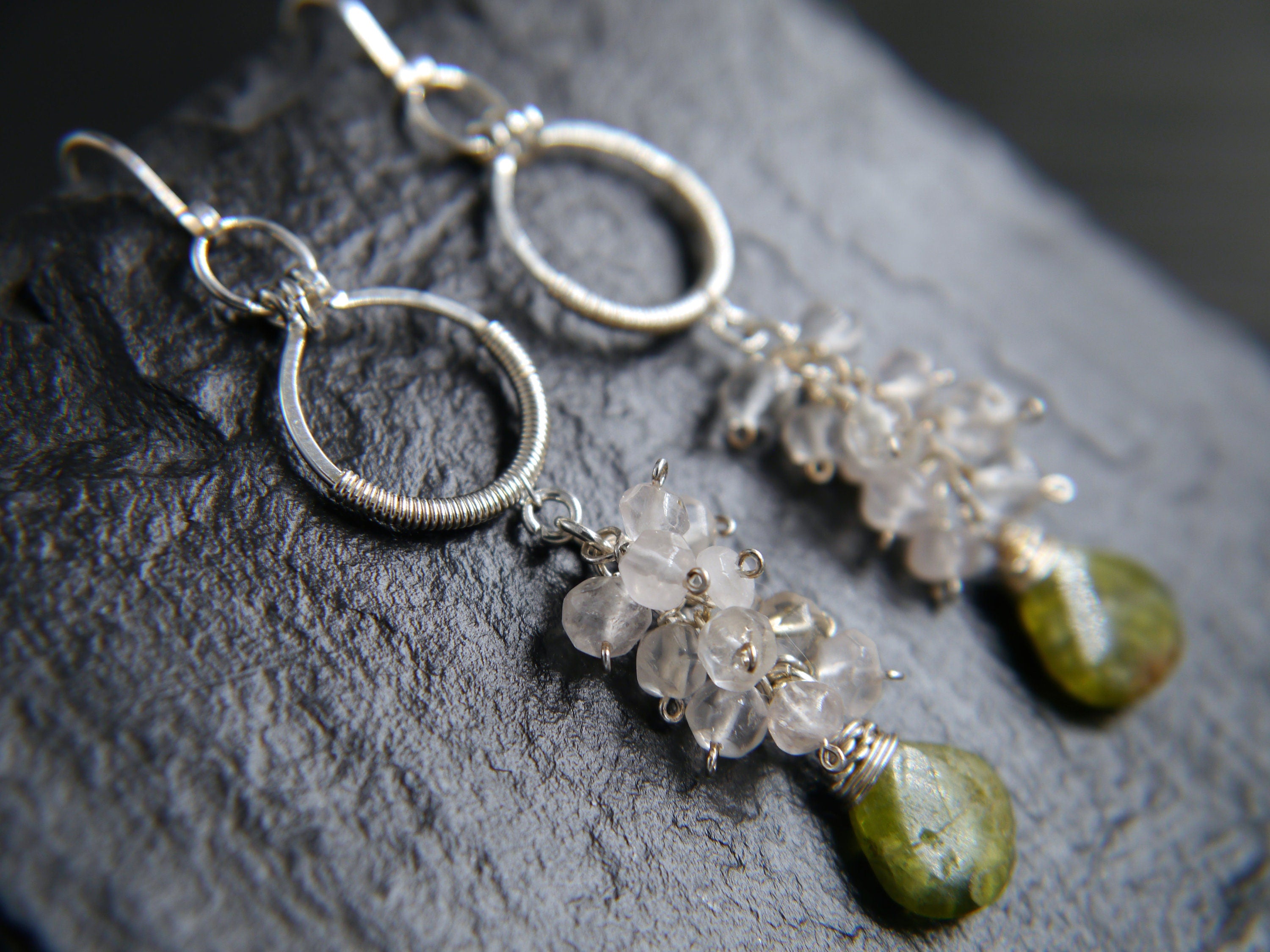 Green Vesuvianite Rose Quartz Gemstone Earrings, Sterling Silver Bohemian Style