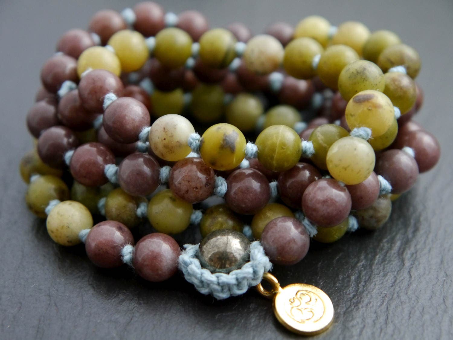 Olive Serpentine Purple Aventurine 108 Mala Beads, Hand-Knotted