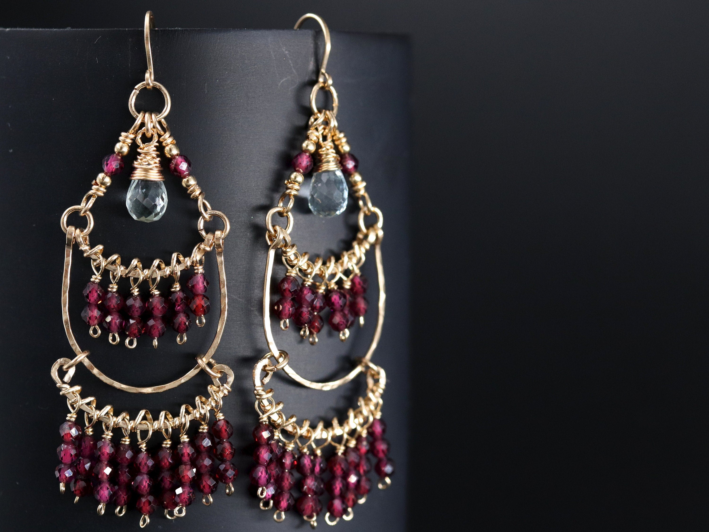 Garnet Aquamarine Long Dangle Earrings, 14K Gold Filled Fringe Drop, Bohemian Jewelry